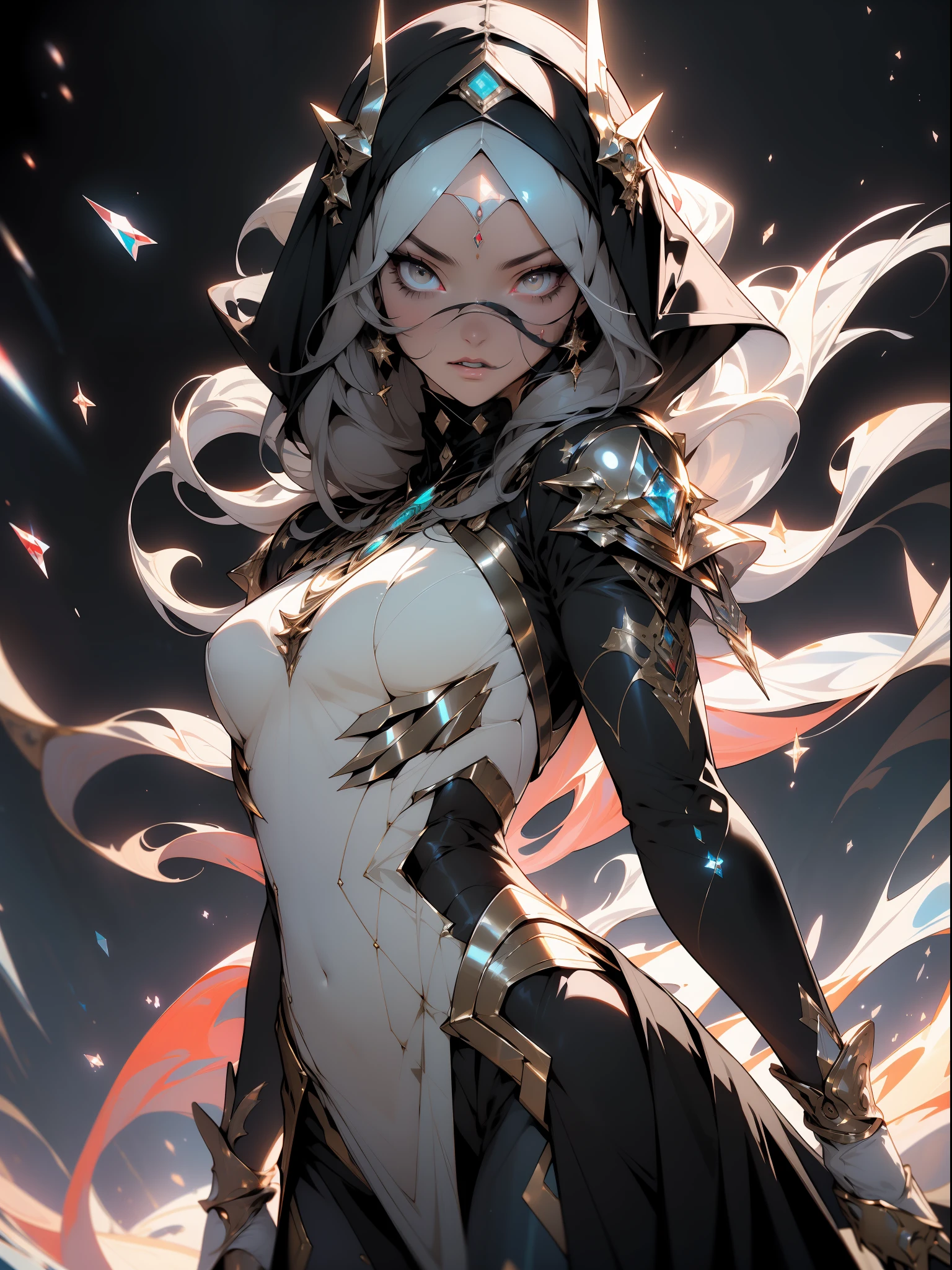 ((Best quality)), ((masterpiece)), (detailed: 1.4), (Absurd), angry princess, ((action pose)), (((black Muslim woman wearing long black dress with crystal ornaments, face covered)))), (((burqa))), (((back))), ready for war, dark skin, black middle eastern woman, sculptural body with defined muscles, closed mouth, muscular body covered by a Hoyoverse-style technological dress, Honkai Impact,  Geishin Impast, technological veil covering the face, Veil covering the head, whole body covered by clothing, holding two scimitars, ((small breasts)), (eyes with heavy makeup and very black without pupils), ((black and gold clothing with small red details)), (((short black hair)), (Arabic inscriptions on the arms), ((designs of golden stars on the arms)), very long eyelashes, heavy eye makeup,  lots of jewelry, by mucha, niji --V5, close to real, psychopathic, crazy face, sexy pose, background with a giant Gundam style robot head, 2 piece clothing, diamond shoulder pads, pastel, centered, scale to fit dimensions, HDR (High Dynamic Range),Ray Tracing,NVIDIA RTX,Super-Resolution,Unreal 5,Subsurface dispersion, PBR texture, Post-processing, Anisotropic filtering, Depth of field,  Maximum clarity and sharpness, Multilayer textures, Albedo and specular maps, Surface shading, Accurate simulation of light-material interaction, Perfect proportions, Octane Render, Two-tone lighting, Wide aperture, Low ISO, White balance, Rule of thirds, 8K RAW, crysisnanosuit