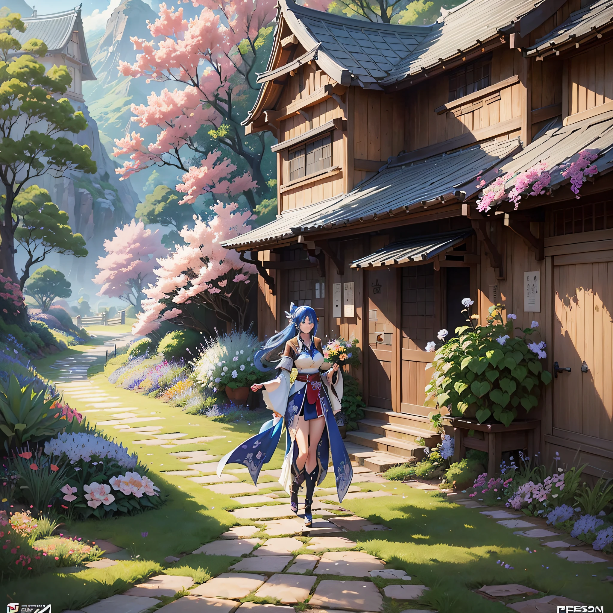 anime character with blue hair and a sword in a blue dress, Cushart Krenz key art female, keqing of genshin impact, official character art, character genshin impact, trend in artstation pixiv, ( ( ( ( character concept art ) ), detailed anime character art, ((( pessonagem walking)))), beautiful full body concept art, detailed concept art of full body, onmyoji detailed art,  painting of a garden with a path and flowers in bloom, blooming path to the sky, floral environment, a beautiful landscape, anime nature, scenery art, detailed painting 4 k, anime background art, lush landscape, anime countryside, lush trees and flowers, detailed scenery - width 672, realistic garden, detailed scenery art, peaceful landscape, happy landscape --auto --s2