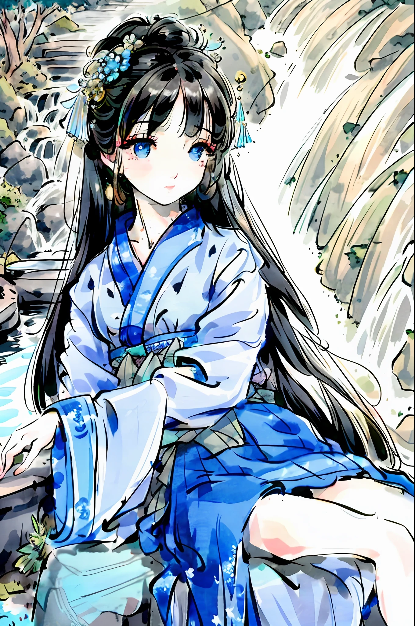 {{Best Quality}}, {{Masterpiece}}, {{Ultra Detail}}, {Illustration}, {Detailed Light}, {Extremely Delicate and Beautiful}, A Girl, {Beautiful Detail Eyes}, Stars in Eyes, Messy Floating Hair, Colored Inner Hair, Starry Sky Decorative Hair, Depth of Field, Chinese Painting, Girl in the Garden, Girl Sitting by the Pool, Sticking Her Feet into the Pool, Rockery, Waterfall and Small Trees in the background, Delicate Face, Beautiful Eyes, Girl Stretching Her Waist, Girl in Hanfu, Light Blue and White Hanfu