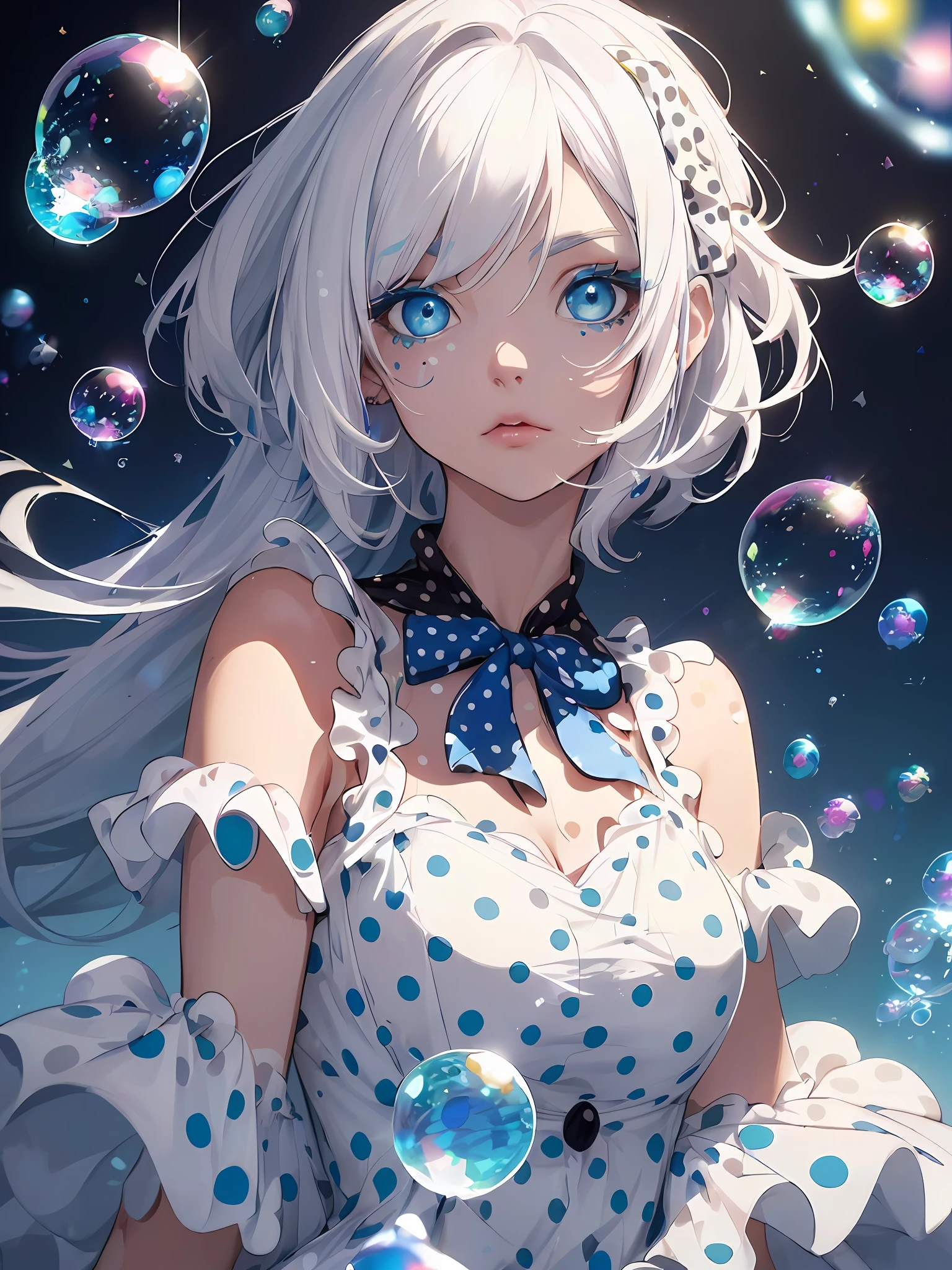 (black leotard: 1.9), (white hair: 1.8), (pink and light blue: 1.8), (polka dots 1.6)))), (painting: 1.6), frontal, cartoon, illustration, painting, big eyes, crystal clear eyes, (short hair: 1.7), exquisite makeup, mouth closed, (small fresh: 1.5), (wipe chest: 1.6), sun shoulder, looking at the audience, big eyes, (white hair:1.6), Color Splash, (Solo: 1.8), , Messy Lines, (((Glowing)), , Polka Dots, Upper Body, Paint Splash, Immaculate Skin, Gradient, Paint, Best Quality, Best Quality, Masterpiece, Solo, Depth of Field, Witch, Gorgeous, (Elegant: 1.2), Chambon Balls: 1.4), (Masterpiece)))), (Best Quality))), (Ultra Detailed)), ( Illustration), (Dynamic Angle), (((Floating)), (Paint), (((disheveled hair)), (Solo), (1 girl), (Detailed anima face))), (((Beautiful detailed face)), Collar, Bare shoulders, White hair, (((White hair)), (((((Polka dot dress)), Beautiful detailed eyes, (Emenardo blue eyes))))), ((Millennial color lots of soap bubbles in the background))) , (((((High Saturation))))), (((Surrounded by a lot of soap bubbles that are millennial blue)))), Soap bubbles with bright light, shining, shining, hawk-like eyes, body painting, body painting, black headbands