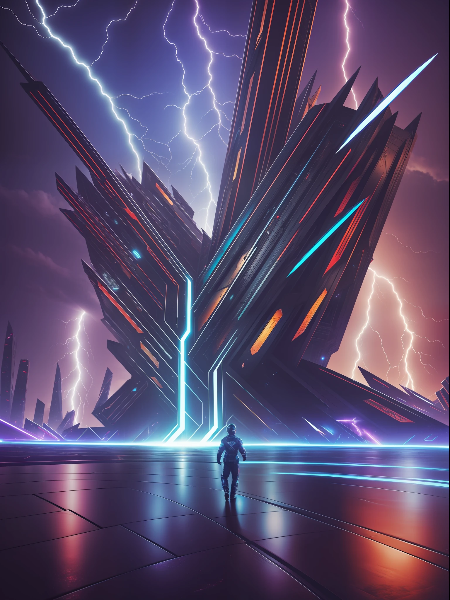 A serpentine bolt of lightning pierced the night sky, Gorgeous background, Esports, Cyberpunk, Surrealism, Conceptual art, depth of field, cinematic lighting, sparkle, from behind, Ultra-Wide Angle, UHD, masterpiece, best quality, 8k --auto --s2