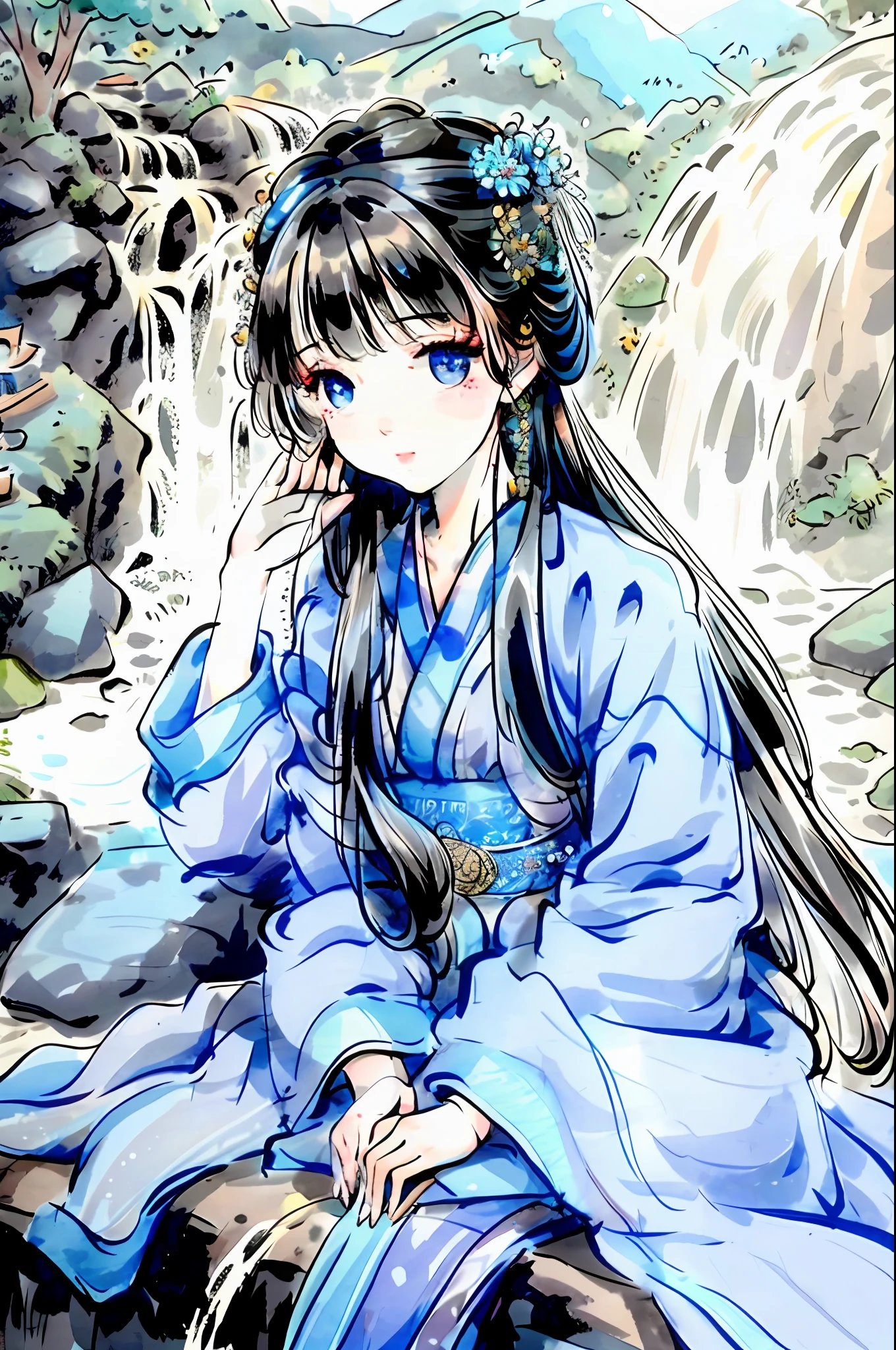 {{Best Quality}}, {{Masterpiece}}, {{Ultra Detail}}, {Illustration}, {Detailed Light}, {Extremely Delicate and Beautiful}, A Girl, {Beautiful Detail Eyes}, Stars in Eyes, Messy Floating Hair, Colored Inner Hair, Starry Sky Decorative Hair, Depth of Field, Chinese Painting, Girl in the Garden, Girl Sitting by the Pool, Sticking Her Feet into the Pool, Rockery, Waterfall and Small Trees in the background, Delicate Face, Beautiful Eyes, Girl Stretching Her Waist, Girl in Hanfu, Light Blue and White Hanfu