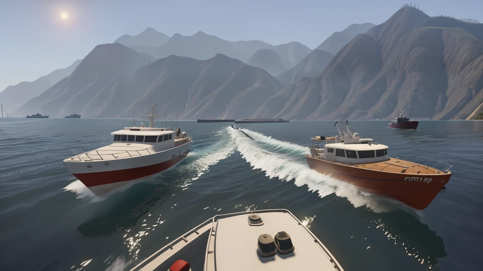 there is a large boat that is going down the water, gta v gameplay screenshot, screenshot from gta v, gta v screenshot, in gta v, gta 5 screenshot, cinematic screenshot gta 5, gta 6 gameplay, gta v style, gta vi, gta 6, style of gta v, gta 6 style, gta5 style, elon musk in gta v, gta 6 leak