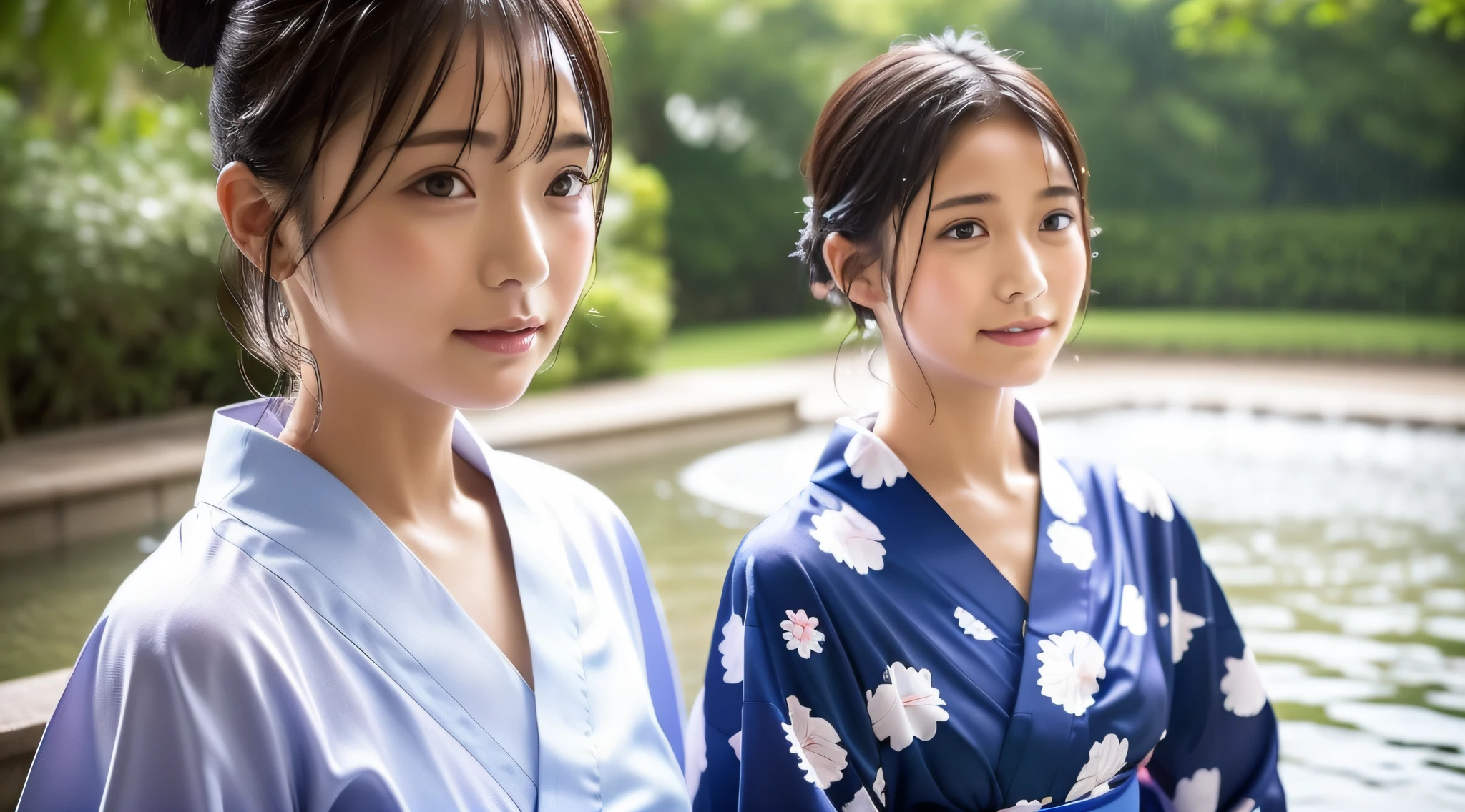 Yukata, Japan summer, beautiful girl, yukata collar and hem dripping, drenched by rain, water droplets on skin, face up, alone