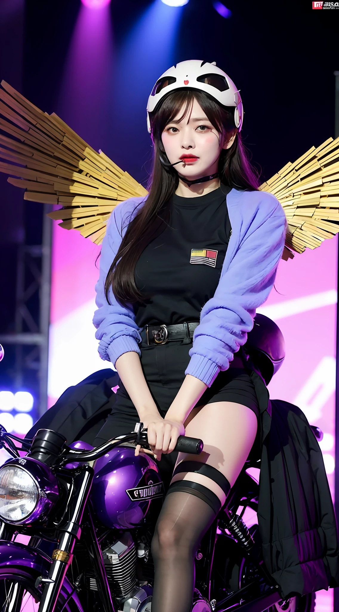 dictator and audience giving speech, big, madness, American football helmet, face guard, purple face paint, mask, huge flag, thousand chrysanthemum flowers on background, straddling a motorcycle, in smoke, wings grow,