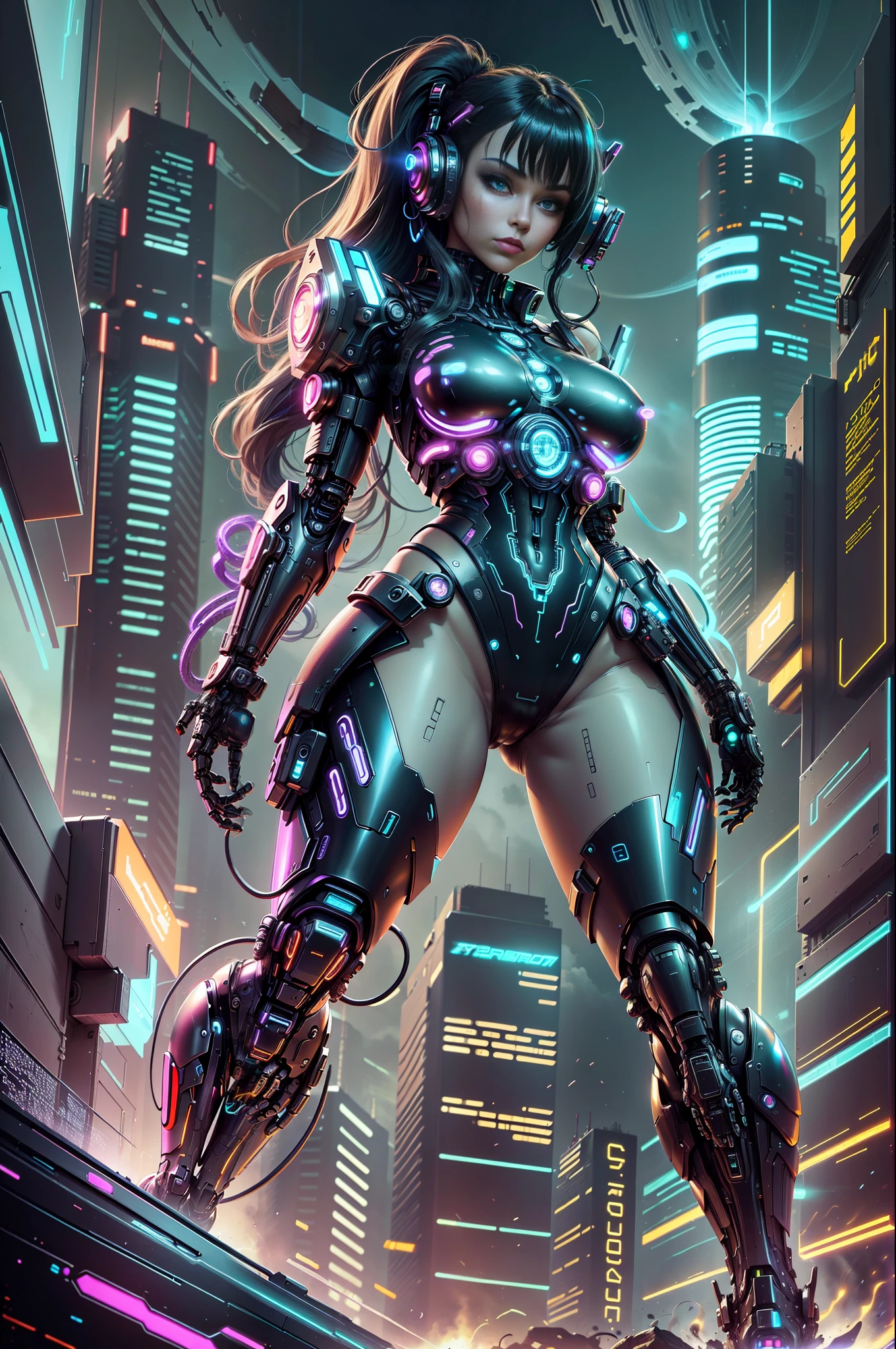 Cyber Woman in a Futuristic Cyberpunk CityAn imposing cyberpunk woman, with a full body on display, is depicted in a futuristic cyberpunk city. His eyes sparkle with intense neon, reflecting the cityscape filled with dystopian skyscrapers, holographic advertisements and flying vehicles amid a night sky lit by vibrant neons. The cybernetic woman sports a shiny metallic skin, covered in intricate cybernetic details and circuit tattoos. His posture is confident and challenging --auto --s2