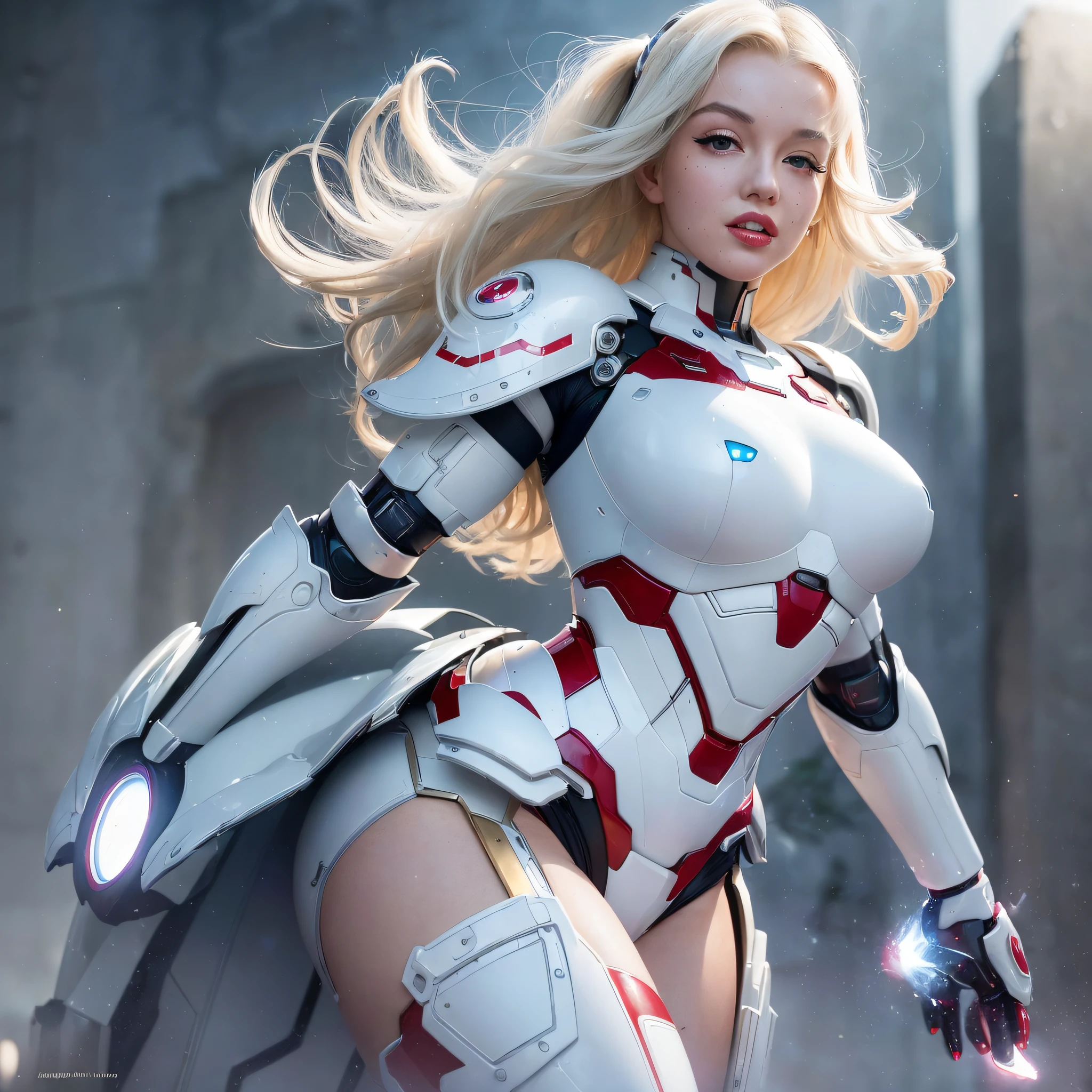 (Top Quality, 8k, 32k, Masterpiece, UHD: 1.3), (Charming Marilyn Monroe Face: 2.5), One Woman, American Woman, ((Big: 1.4)), (Wavy White Hair), Abs, Perfect Body, Ultra Detailed Face, Wearing Makeup, Detailed Red Lips, Double Eyelids, (Seductive), ((Excited: 1.5)), ((Areola Slip)), (In estrus)), ((()), Sexy girl, big, astounding beauty, floating light particles, (floating big light particles: 2.5), angle from the side (looking at camera), white mecha, female mech, mechanized valkyrie girl, wearing beautiful iron man suit, gorgeous female paladin, mechanized soldier girl