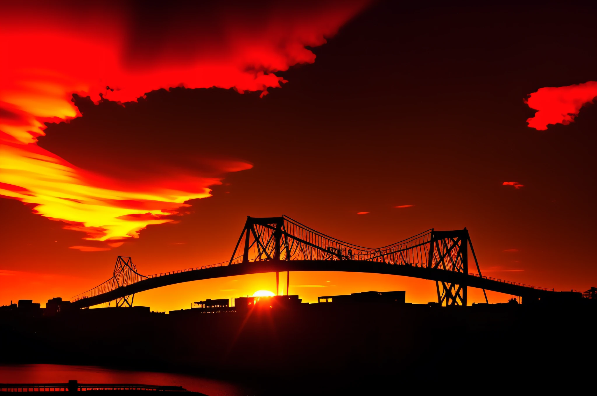 arafed bridge over a body of water with a sunset in the background, city bay bridge aqueduct, howrah bridge, lots of bridges, at dusk!, bridges, night setting, lit up, 1 glowing bridge crossing river, by Raymond Normand, the photo shows a large, sun setting, shot at golden hour, by Jim Manley