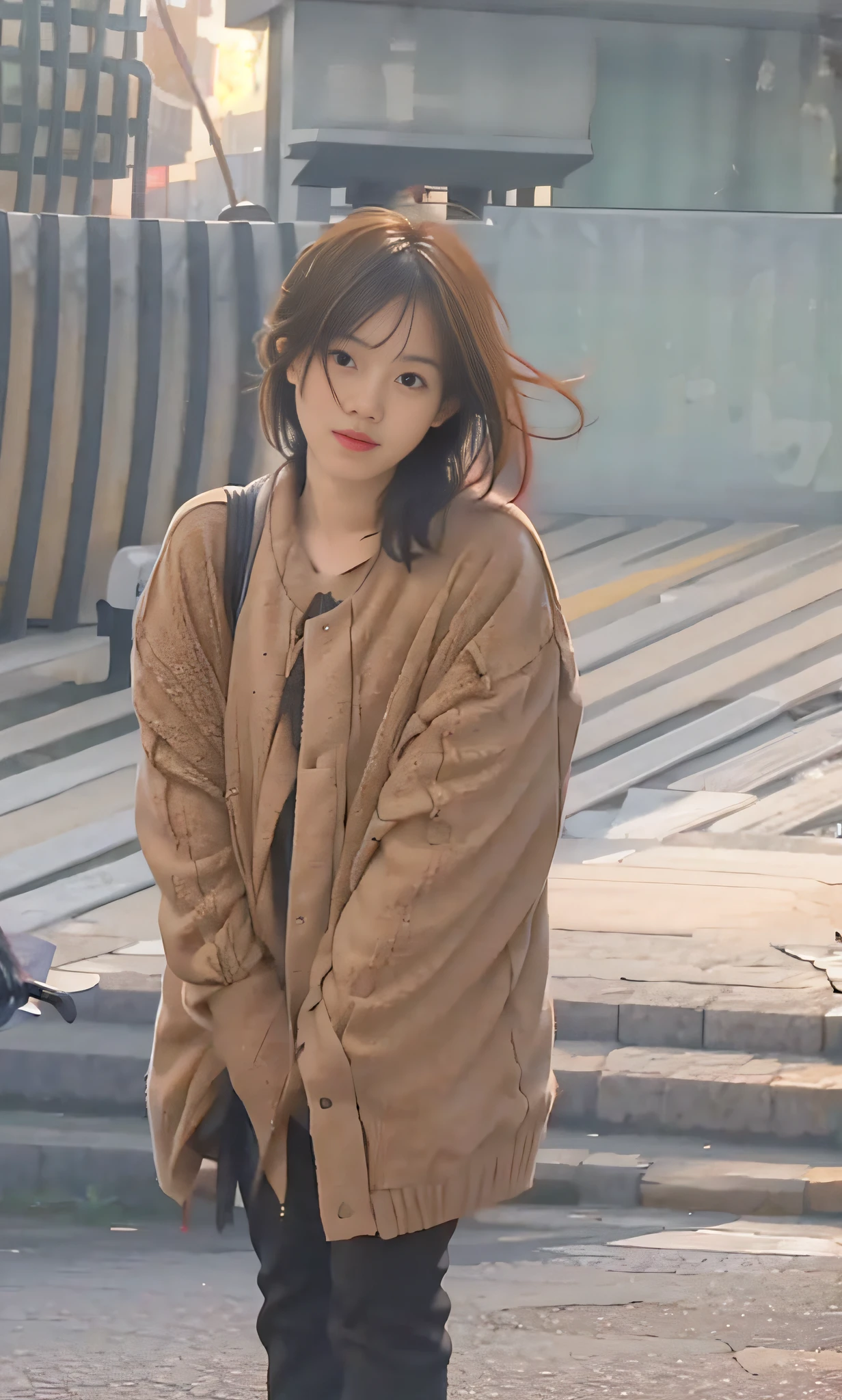 (8k, RAW images, best quality, masterpieces: 1.2), (realistic, photorealistic images: 1.37) ,1 girl, cute, landscape, professional lighting, photon mapping, radiosity, physically based display, full body, standing in the middle of the street