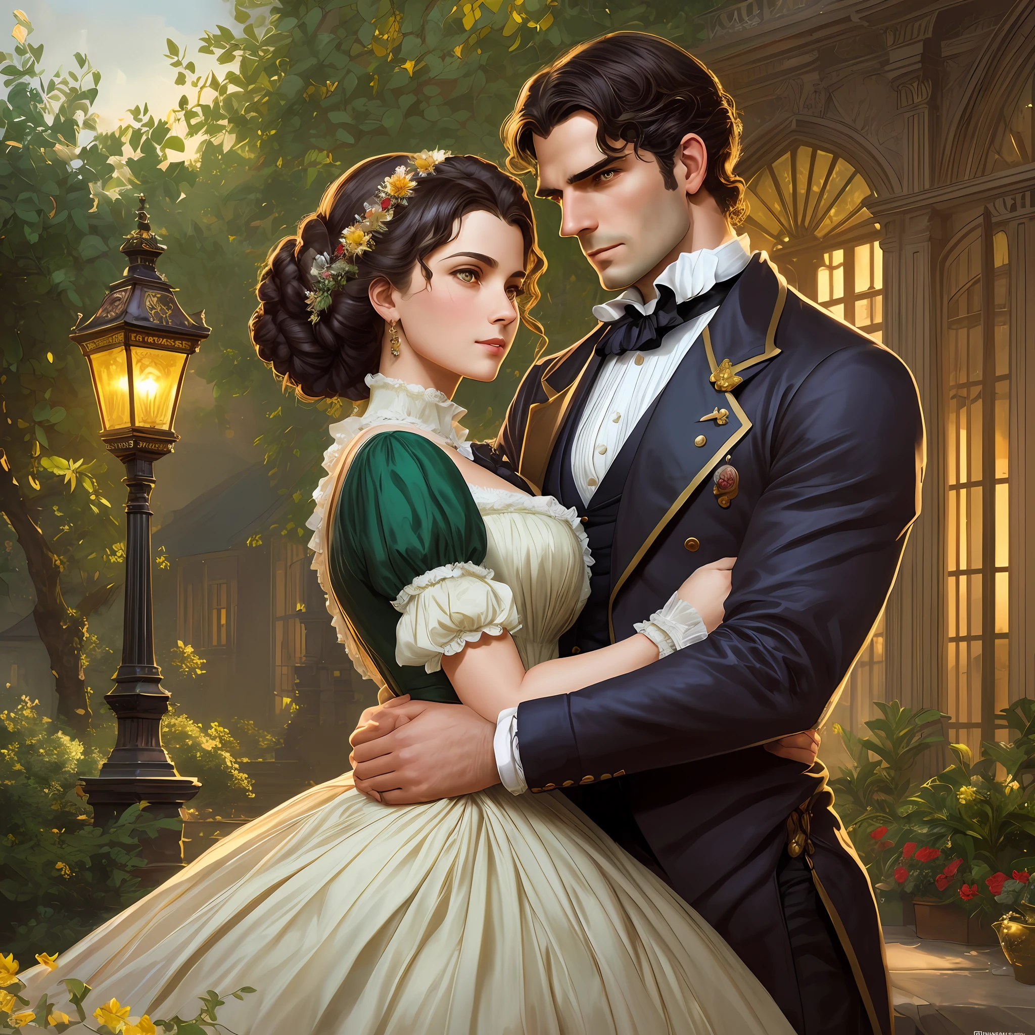 masterpiece of passionate man and woman embrace: 1 handsome strong victorian gentleman (henri cavill) and his 20 years old delicate girlfriend, scarlett ohara wearing british victorian lady simple dress, ruddy skin, dark brown straight medium hair in a bun, detailed perfect almond-shaped emerald green eyes, perfect sensual and full lips, resemblance to scarlett ohara, ((sunny victorian mansion garden background)), cover, hyperdetailed painting, luminism, Bar lighting, complex, 4k resolution concept art portrait by Greg Rutkowski, Artgerm, WLOP, Alphonse Mucha: a stunning realistic photograph
