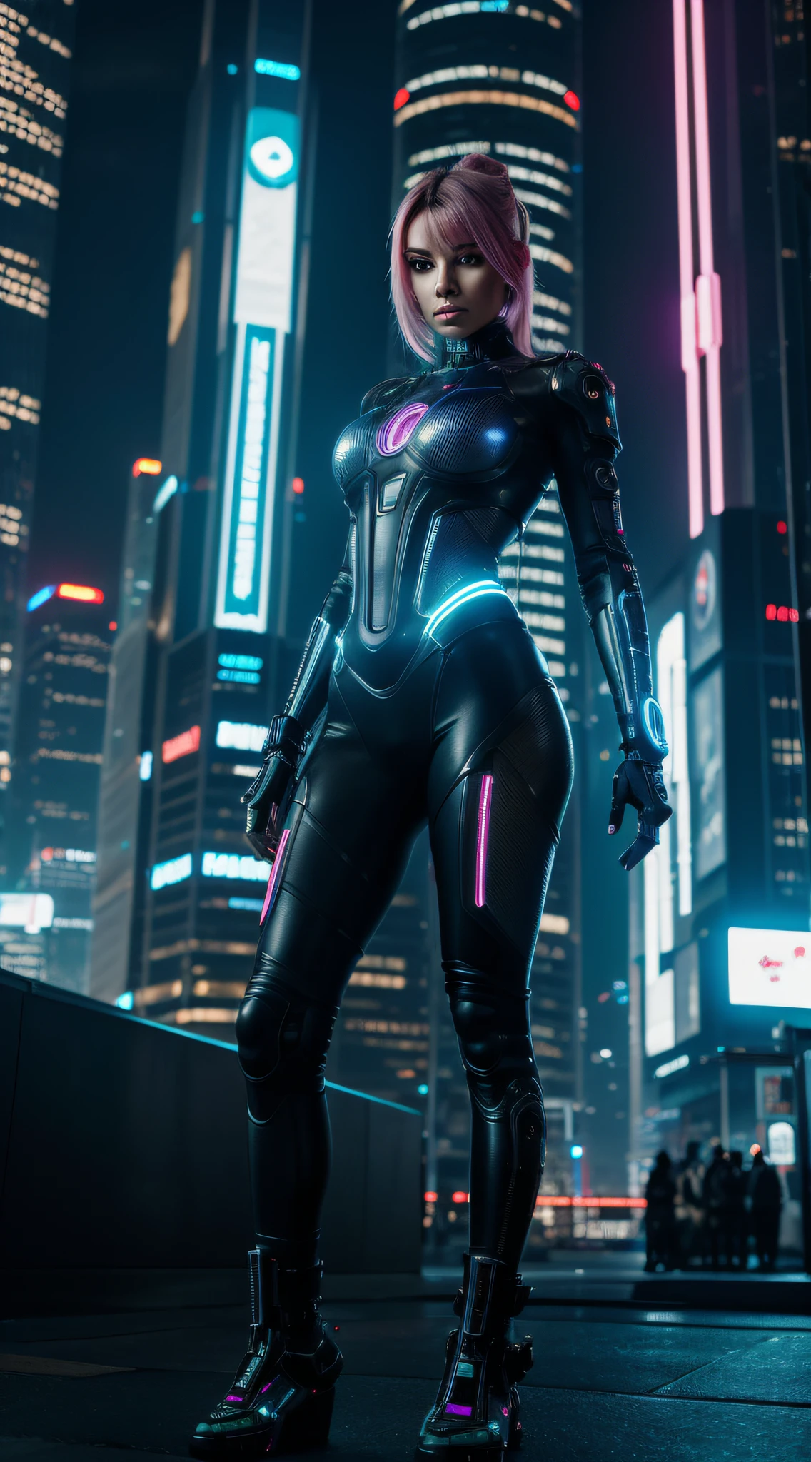 Cyber Woman in a Futuristic Cyberpunk CityAn imposing cyberpunk woman, with a full body on display, is depicted in a futuristic cyberpunk city. His eyes sparkle with intense neon, reflecting the cityscape filled with dystopian skyscrapers, holographic advertisements and flying vehicles amid a night sky lit by vibrant neons. The cybernetic woman sports a shiny metallic skin, covered in intricate cybernetic details and circuit tattoos. His posture is confident and challenging