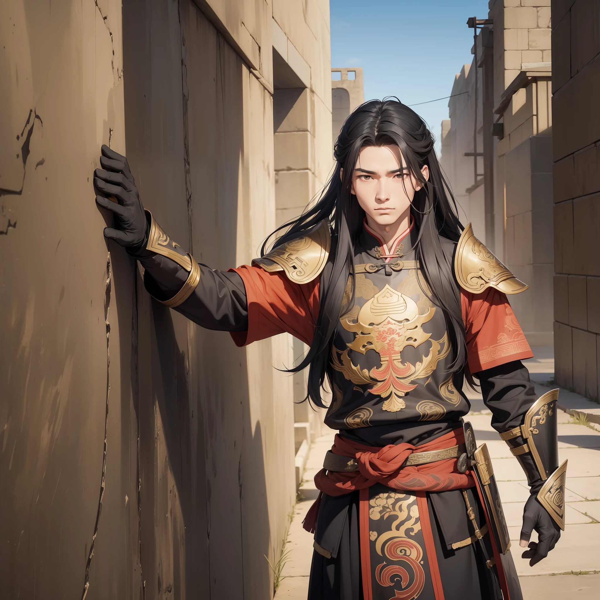 Absurd resolution, high resolution, (masterpiece: 1.4), hyper-detail, ancient Chinese, black long-haired young man standing by the wall holding his hands against the wall (1.3), roaring (1.2), (serious 1.2), warrior in ancient Chinese armor, standing on the ancient city wall (1.3), dusk, fire (leaning against the wall action 1.5) (desert environment 1.5) (man 1.5)