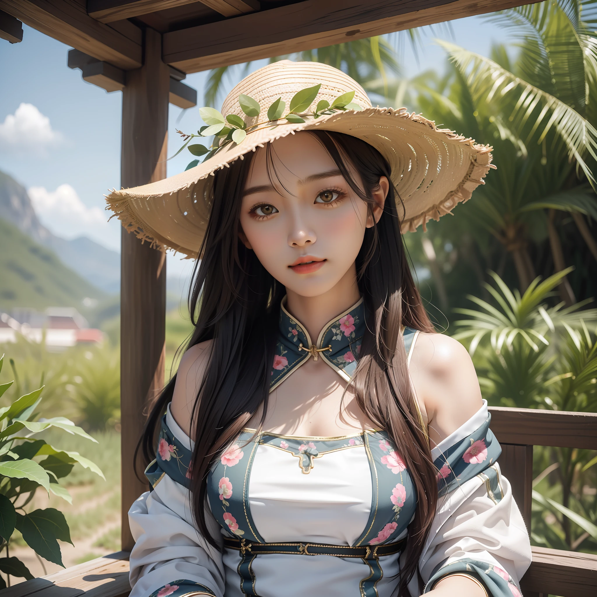 masterpiece, best quality, highres, ultra high res,real, photorealistic,1 female,morning,natural lighting,looking at viewer,outdoor,close shot,hat,happy,chinese clothes style,desert,normal body shape,oval face,straight hair,long hair,details eyes,medium breasts,medium waist,slim thighs,anklet