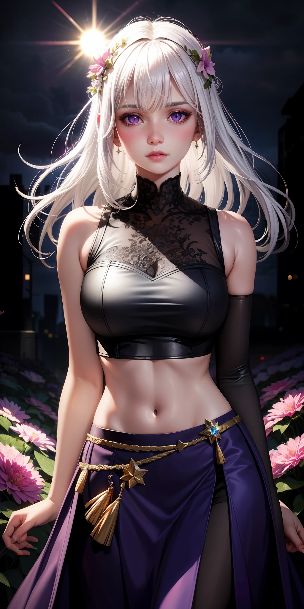 realistic, 1girl, white hair, purple eyes, glowing eyes, crop top, skirt, parted lips, blush, night, flowers, sun, sunlight,