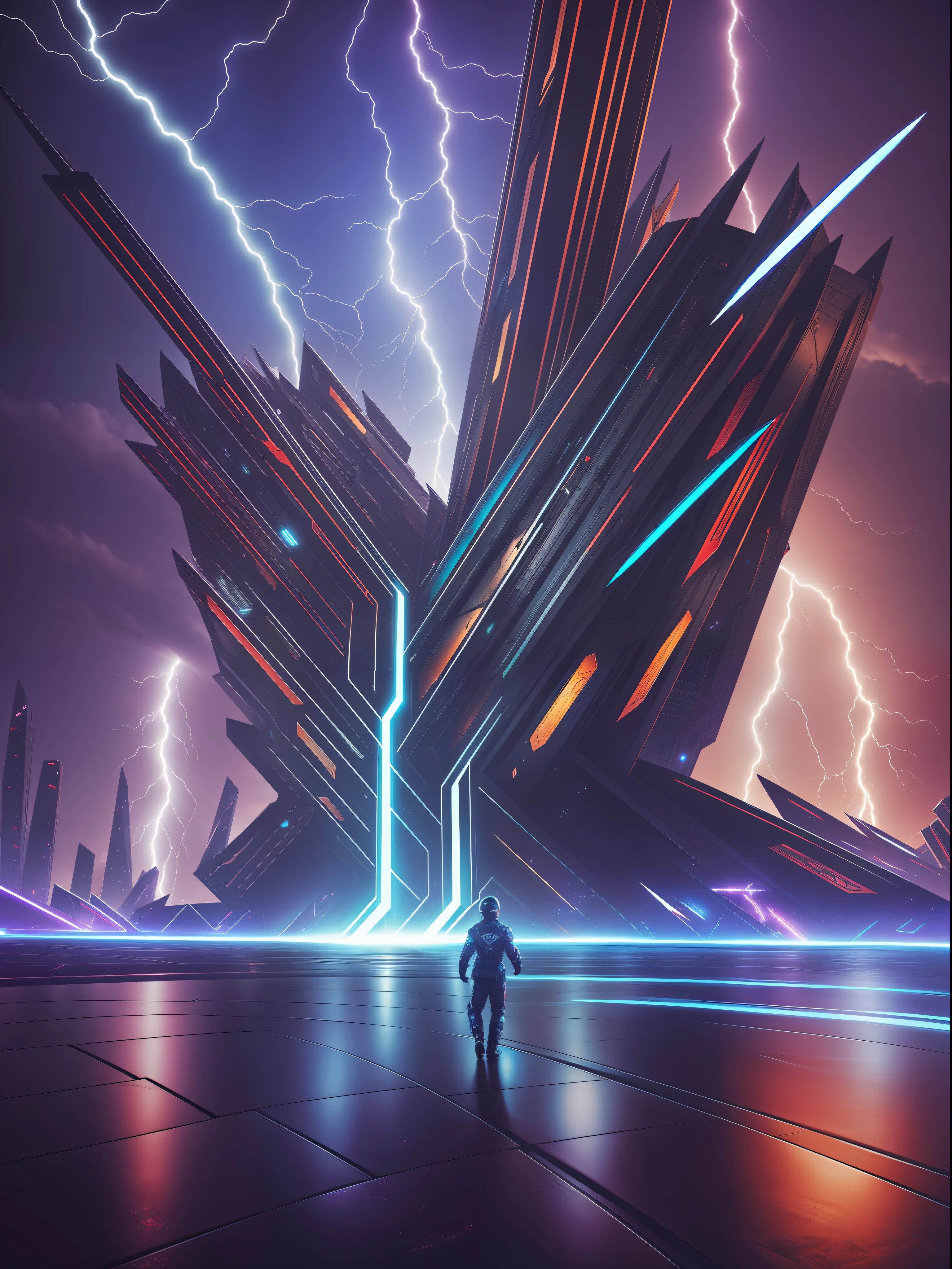 A serpentine bolt of lightning pierced the night sky, Gorgeous background, Esports, Cyberpunk, Surrealism, Conceptual art, depth of field, cinematic lighting, sparkle, from behind, Ultra-Wide Angle, UHD, masterpiece, best quality, 8k --auto --s2
