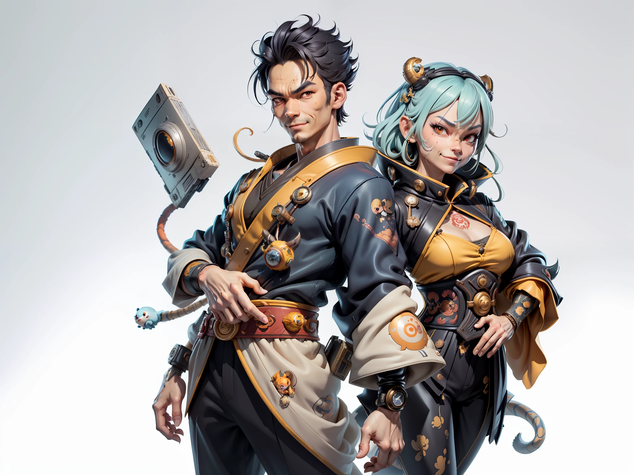 (Masterpiece), (Excellent), (Super Meticulous), (Full Body: 1.2), Super Young Man with Japanese Female Geisha, Beauty, Chinese Dragon, Tiger, Wind God Thor, Sexy, Bursting, Oriental Face, TV Anchor, Bust Portrait Illustration, Black Suit, Blue Tie, Slightly Chubby, Very Clean Face, No Beard, Black Super Short Hair, Black Eyes, Confident Smile, 3c Computer Sub-Products, iPad, iPhone, Digital Painting, 3D Character Design by Mark Claireden and Pixar and Hayao Miyazaki and Akira Toriyama, The illustration is a high-definition illustration in 4K resolution with very detailed facial features and cartoon-style visuals.