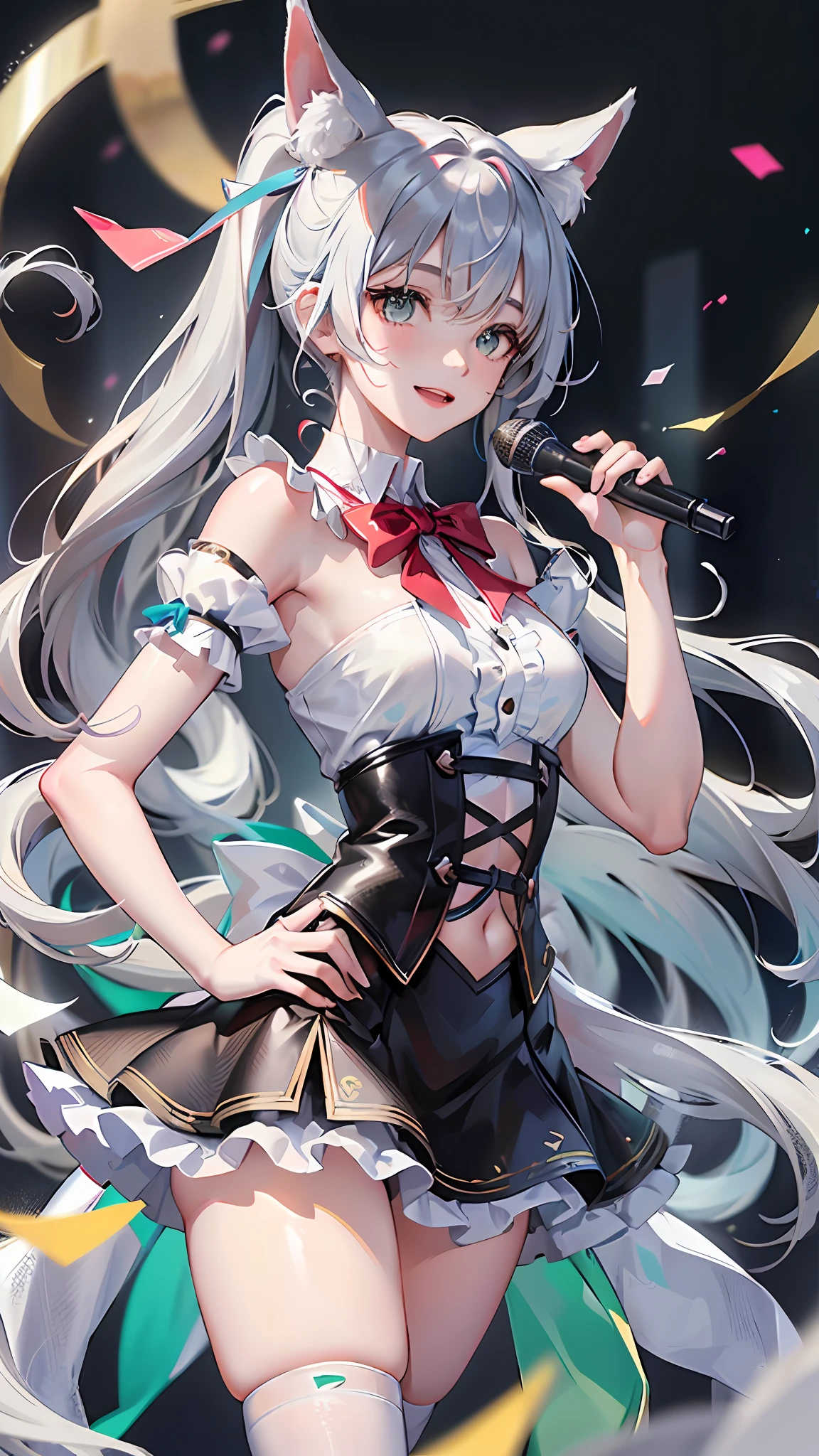 (RAW Photo: 1.2), (Photorealistic: 1.4), (Masterpiece: 1.3), (Best Quality: 1.4), Ultra High Resolution, (Detailed Eye Features), (Detailed Facial Features), (Detailed Clothing Features), HDR, 8k Resolution, Solo Focus, Skin Tight, (Glossy Skin), (Slender Girl), (Ultra Detailed Illustration), Check Commentary, Commentary request, no letters, , VirtualGirl-Aim, 1 girl, full body, cute, innocent, (smile), perfect body, white and beautiful skin, wavy silver hair, short cut, ponytail, red ribbon, beautiful green eyes, smile, idol, stage costume, mini skirt with frills, white knee socks, on stage, absolute territory, confetti fluttering, Penlight, big, singing with microphone in left hand, right hand on hip, fox ears, one fox tail,