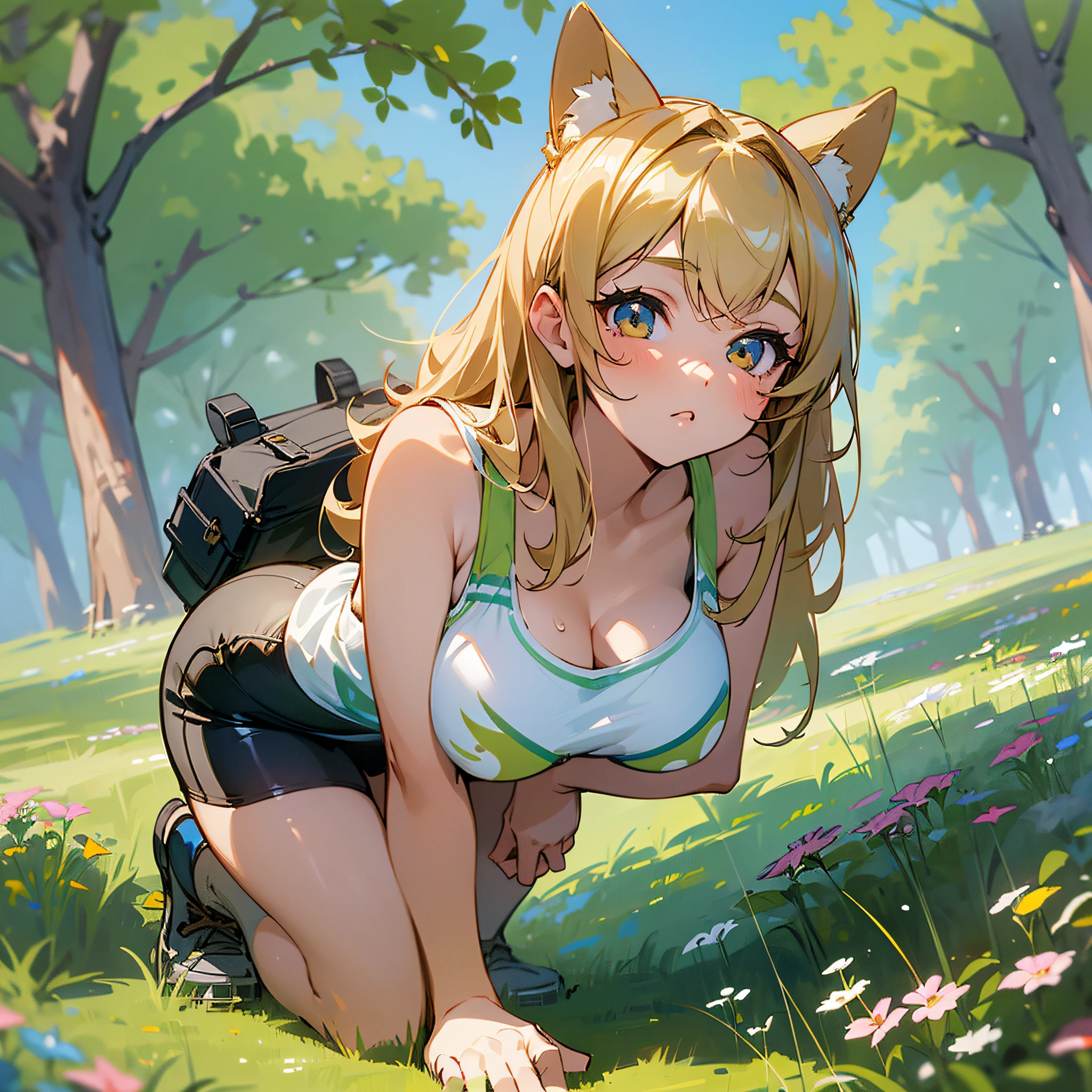 best quality, masterpiece, ultra-detailed, 1girl, full body, an extremely delicate and beautiful girl, sunlight, wallpaper, artbook, in a meadow, sun, bishoujo, 1 girl, gyaru, student, big breasts, tank top, bike shorts, bent over --auto --s2