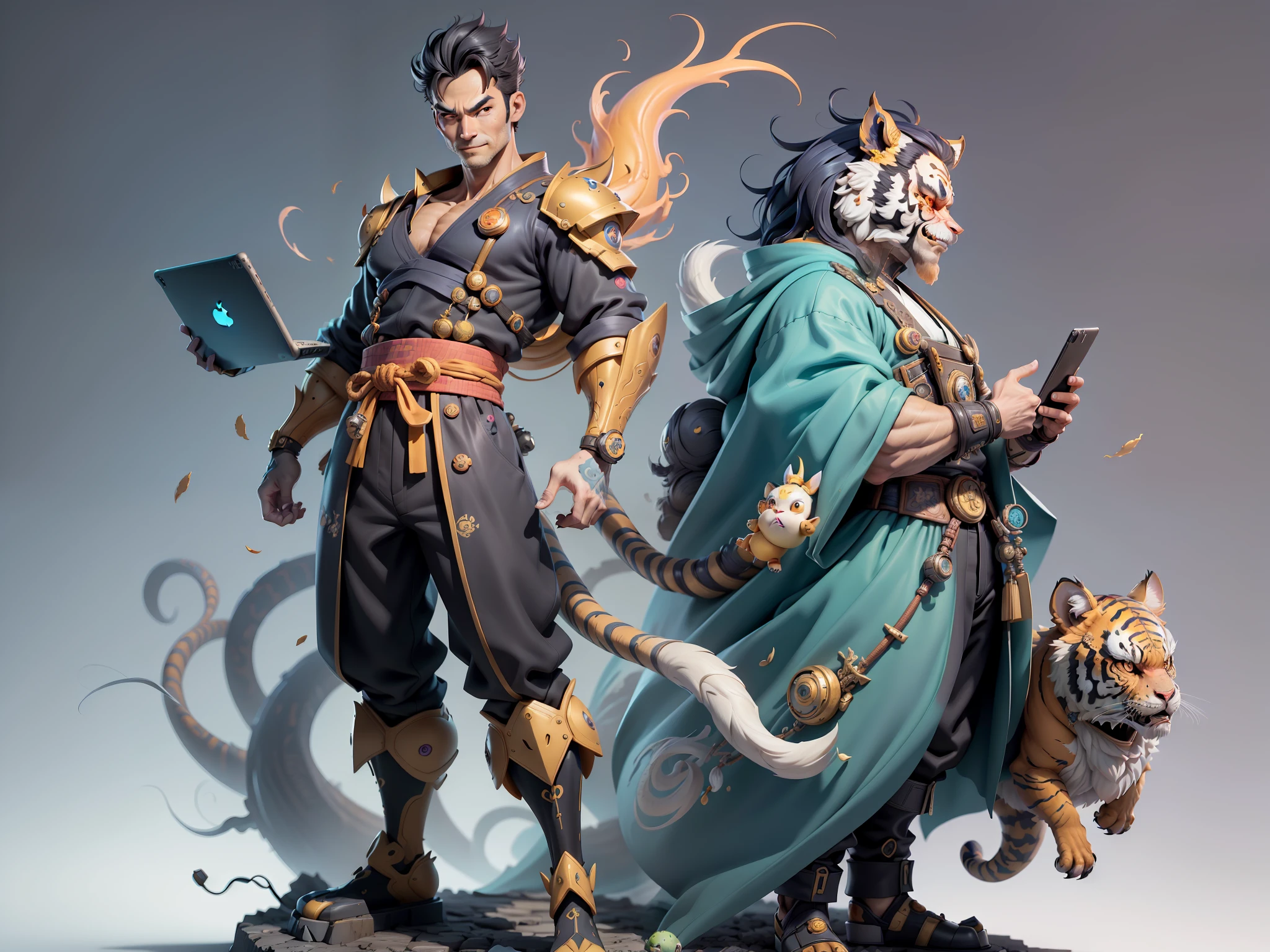 (Masterpiece), (Excellent), (Super Meticulous), (Full Body: 1.2), Super Young Man with Japanese Female Geisha, Beauty, Chinese Dragon, Tiger, Wind God Thor, Sexy, Bursting, Oriental Face, TV Anchor, Bust Portrait Illustration, Black Suit, Blue Tie, Slightly Chubby, Very Clean Face, No Beard, Black Super Short Hair, Black Eyes, Confident Smile, 3c Computer Sub-Products, iPad, iPhone, Digital Painting, 3D Character Design by Mark Claireden and Pixar and Hayao Miyazaki and Akira Toriyama, The illustration is a high-definition illustration in 4K resolution with very detailed facial features and cartoon-style visuals.