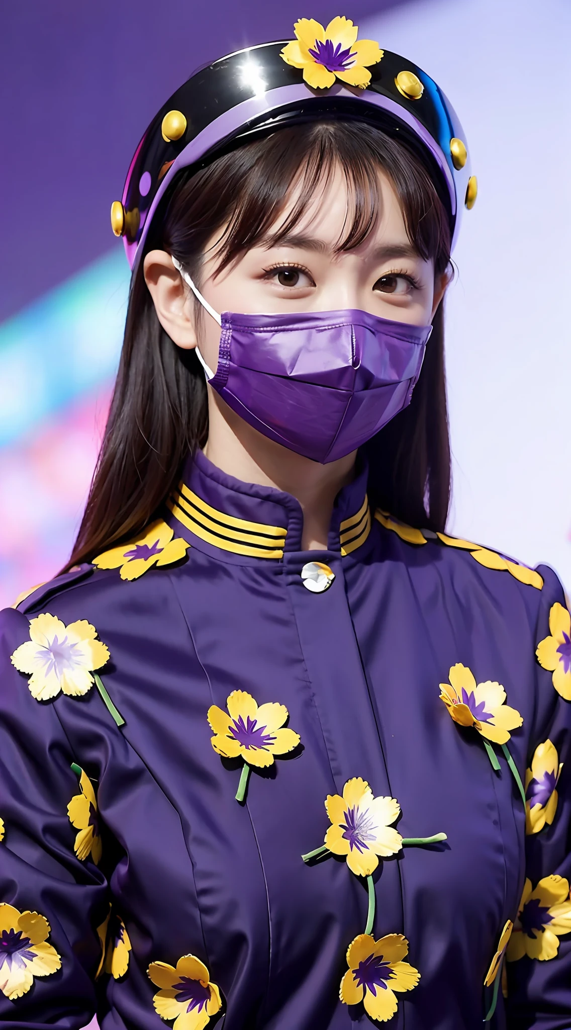 Dictator and audience, big, madness, American football helmet, face guard, purple face paint, mask, huge flag, thousand chrysanthemum flowers on background