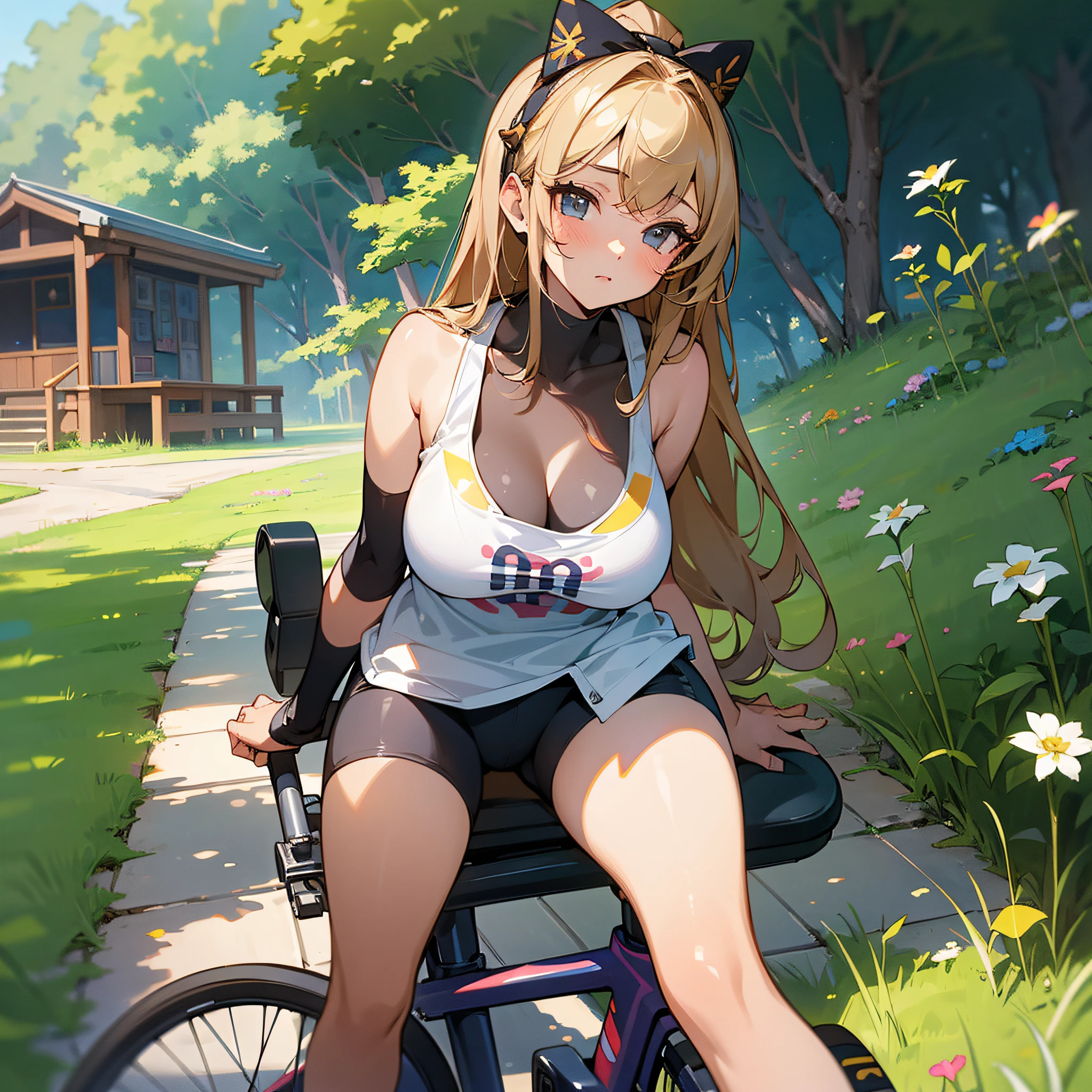 best quality, masterpiece, ultra-detailed, 1girl, full body, an extremely delicate and beautiful girl, sunlight, wallpaper, artbook, in a meadow, sun, bishoujo, 1 girl, gyaru, student, big breasts, tank top, bike shorts, bent over --auto --s2