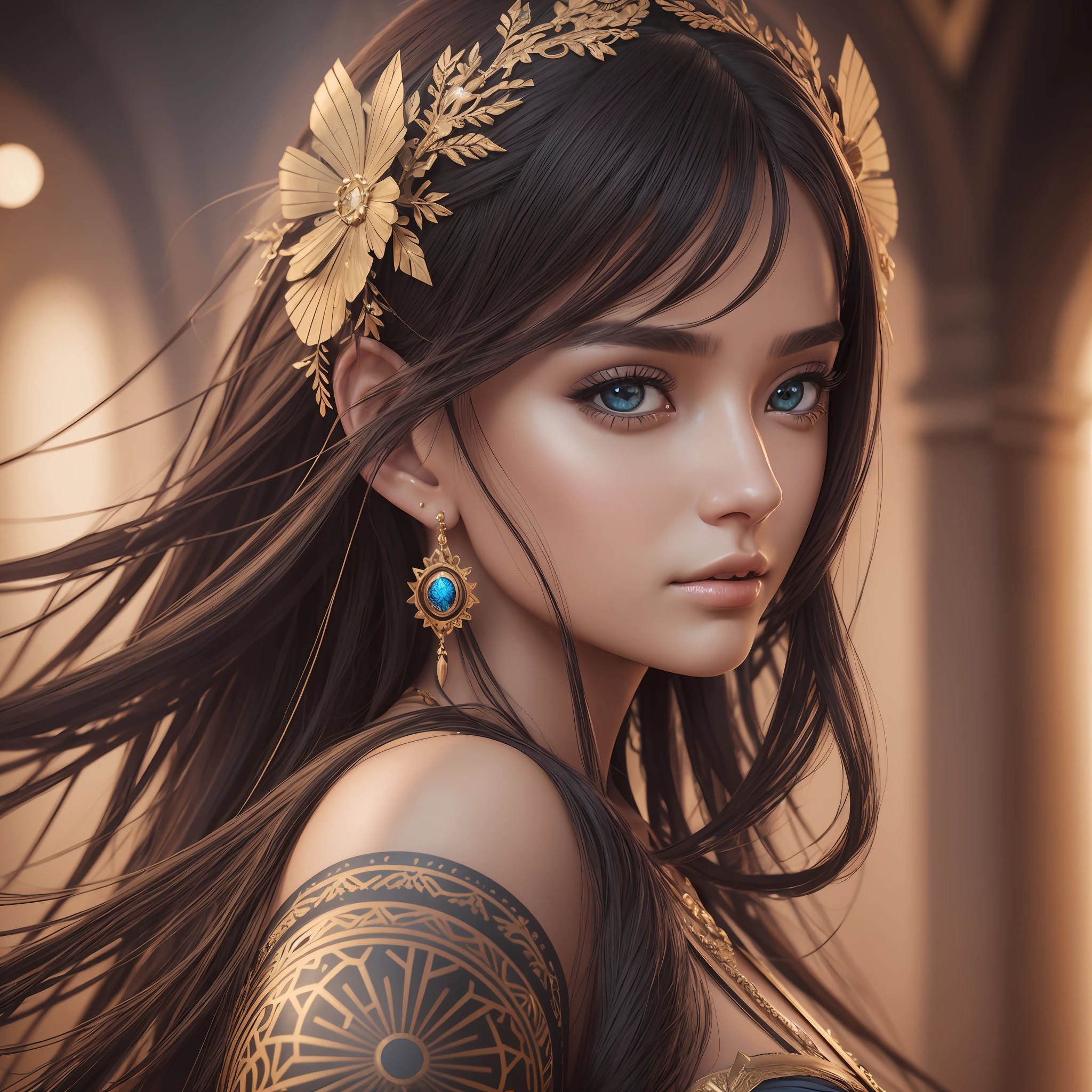 portrait of a stunningly beautiful alluring and attractive tribafemale maiden, depth of field, zeiss lens, detailed, symmetrical, centered,fashion photoshoot, breathtaking, 8k resolution, extremely detailed, beautiful,establishing shot, artistic, hyperrealistic, beautiful face, octane render --auto --s2