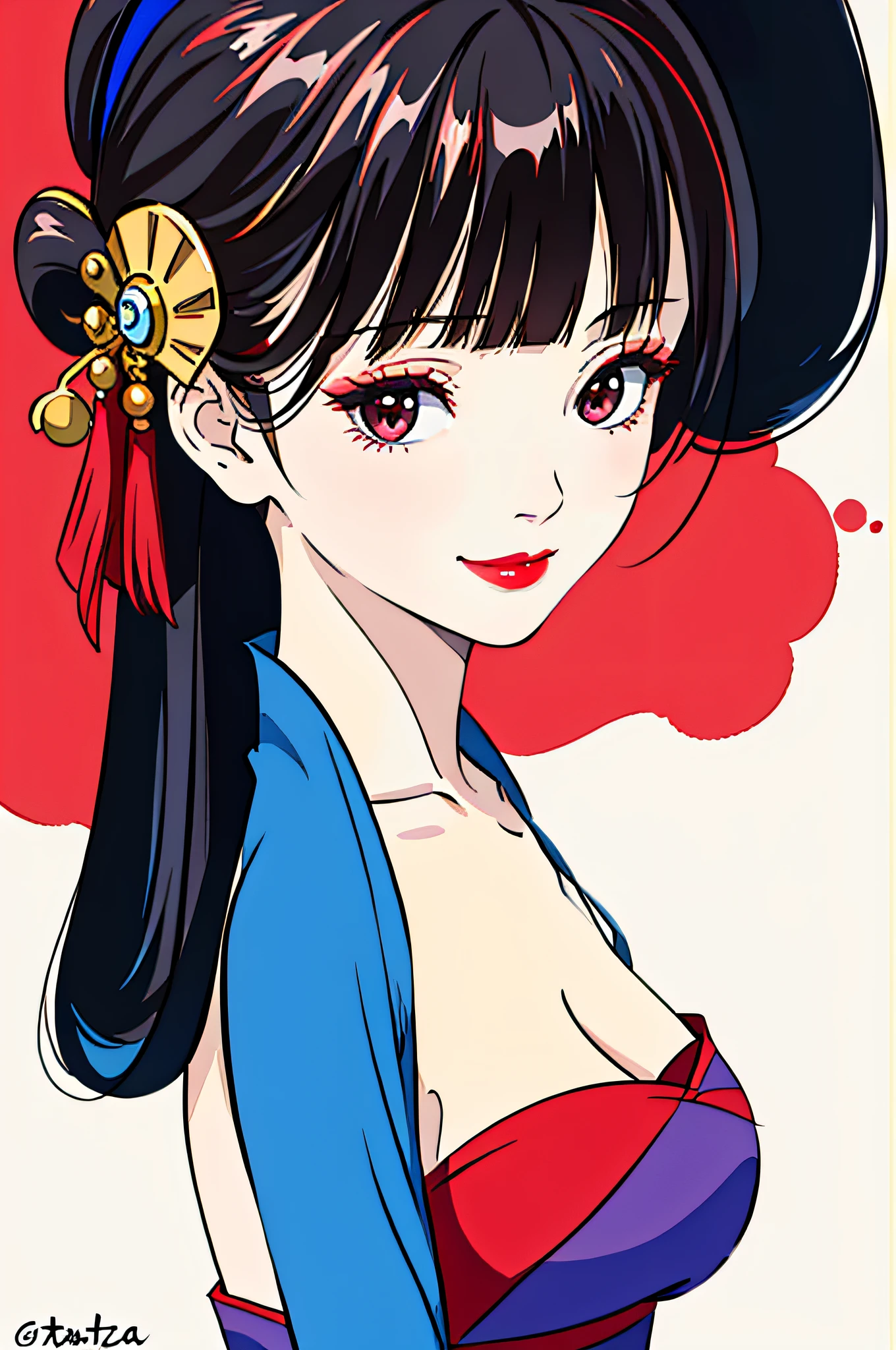 Masterpiece, superlative, petite, perfect breasts, red lip gaze, seductive smile, sexy, blunt bangs, high ponytail, simple background, geisha, geisha queen, illustration drawing