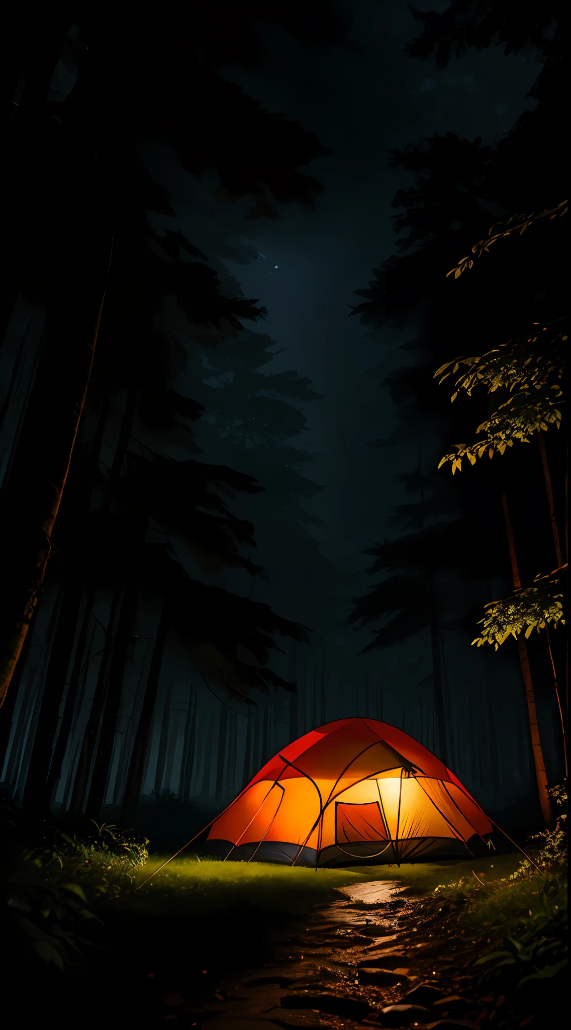 Several colorful camping tents set up among trees of an Amazon rainforest, on a rainy day, masterpiece, best quality, high quality, 8k extremely detailed CG unit wallpaper, oil painting, award-winning photography, Bokeh, Depth of Field, HDR, bloom, chromatic aberration, photorealistic, extremely detailed, trend in artstation, trend in CGsociety, intricate, high detail, Dramatic, art in the middle of the journey, volumetric lighting
