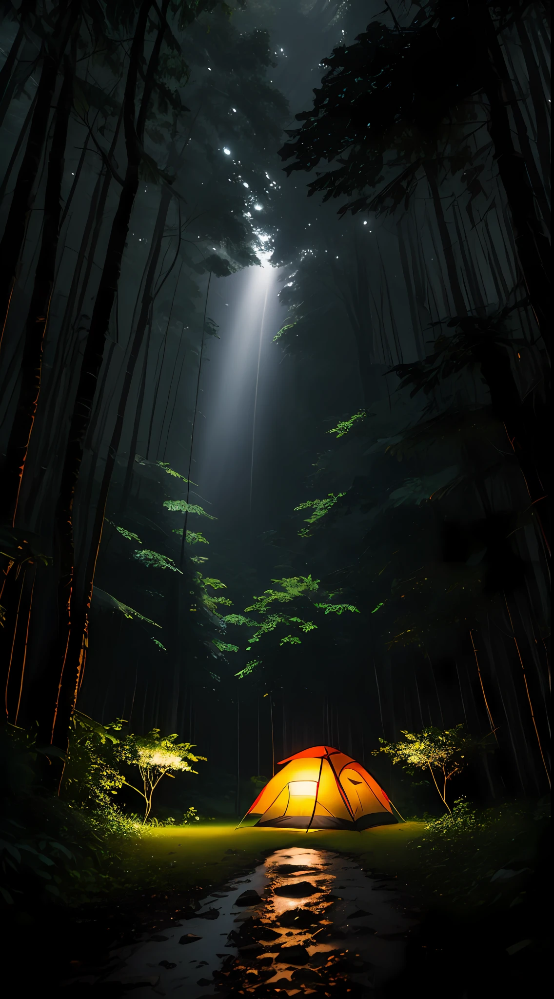 Several colorful camping tents set up among trees of an Amazon rainforest, on a rainy day, masterpiece, best quality, high quality, 8k extremely detailed CG unit wallpaper, oil painting, award-winning photography, Bokeh, Depth of Field, HDR, bloom, chromatic aberration, photorealistic, extremely detailed, trend in artstation, trend in CGsociety, intricate, high detail, Dramatic, art in the middle of the journey, volumetric lighting