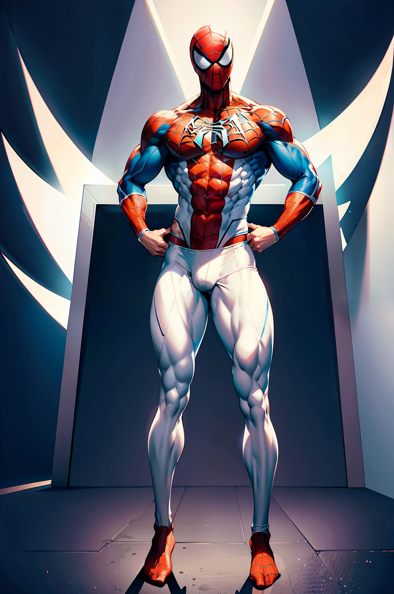 Full body like, head down, white Spider-Man, male, pectoral muscles, abs, standing one leg up foot, pants crotch part drawn oversized and erect, hips drawn a little bigger, increase crotch detail outline, erection under clothes, visible butt through thighs, feet, footboard focus, no face, side, butt inserted a baseball