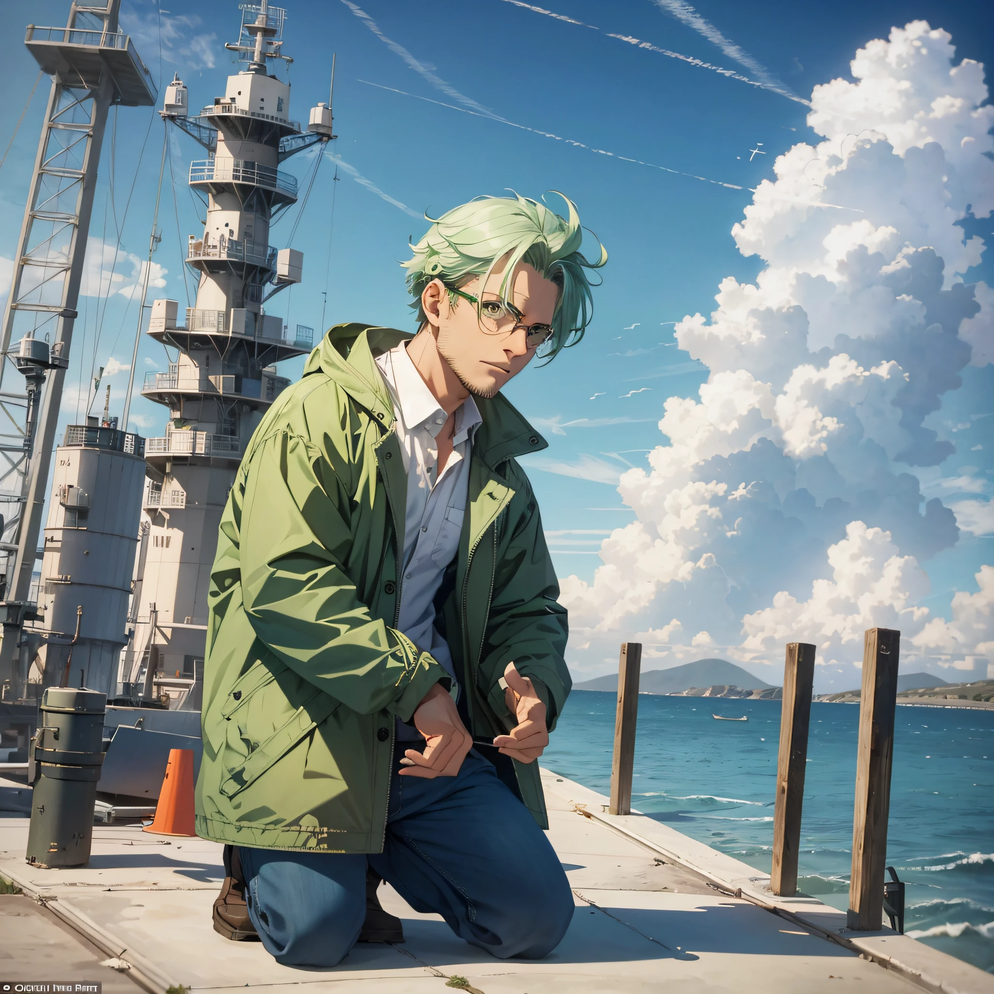 At the weapons testing ground at the open dock by the sea, a middle-aged man dressed as a scientist, a green coat, a white shirt, and green hair, opened his mouth and expressed fear, kneeling on the ground, scared to urinate