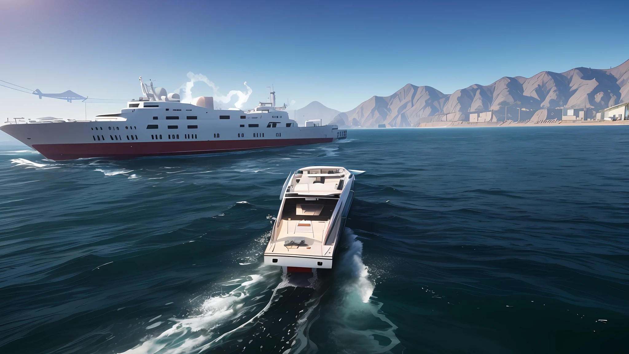 there is a large boat that is going down the water, gta v gameplay screenshot, screenshot from gta v, gta v screenshot, gta 5 screenshot, in gta v, cinematic screenshot gta 5, gta 6 gameplay, gta v style, gta vi, gta 6, style of gta v, gta 6 style, gta5 style, elon musk in gta v, gta 6 leak
