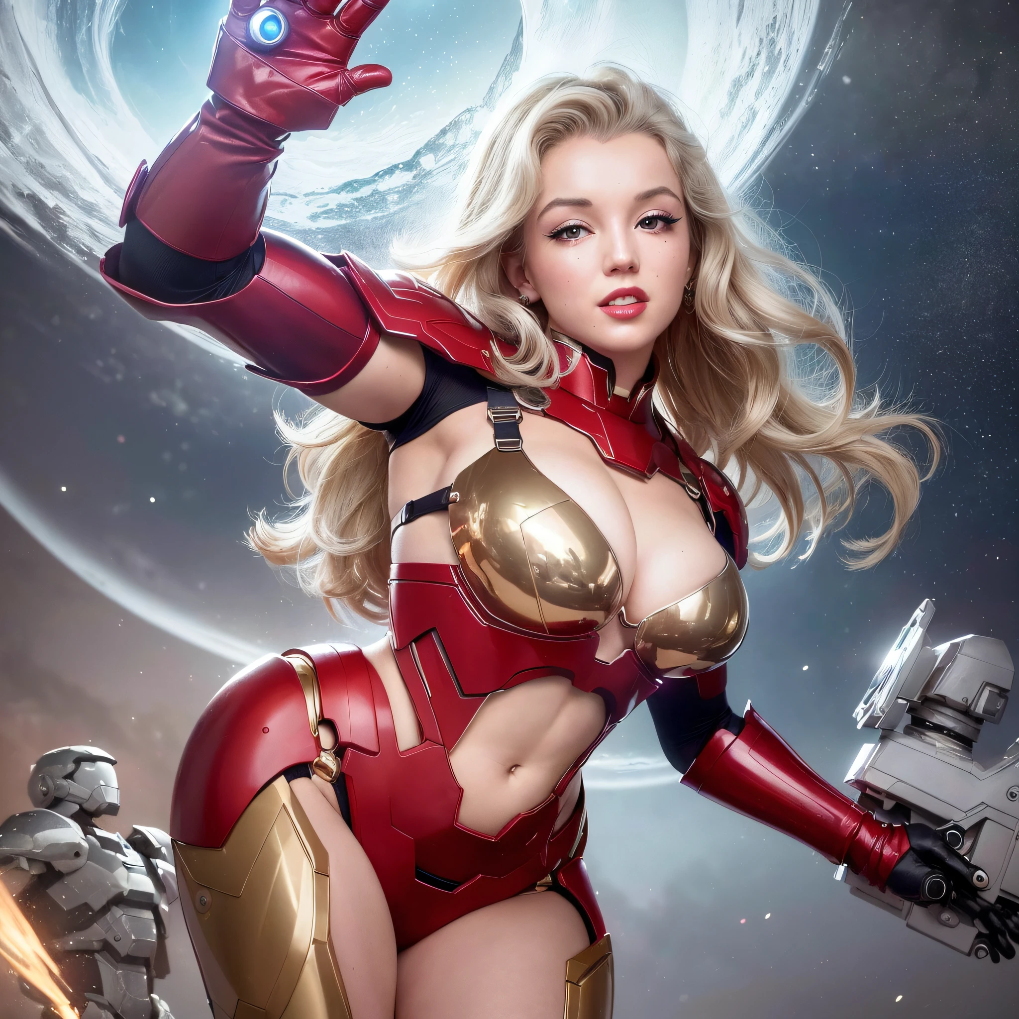 (Top Quality, 8k, 32k, Masterpiece, UHD: 1.3), (Charming Marilyn Monroe Face: 3.0), One Woman, American Woman, ((Big: 1.4)), (Wavy White Hair), Bob Hair, Abs, Perfect Body, Ultra Detailed Face, Wearing Makeup, Detailed Red Lips, Double Eyelids, (Seductive), (((Excited: 1.5)), (Areola Slip)), (In estrus)), (( )), sexy girl, big, astounding beauty, floating light particles, (floating big light particles: 2.5), angle from the side (looking at the camera), female mecha, mechanized valkyrie girl, wearing beautiful red and gold iron man suit, gorgeous female paladin, mechanized soldier girl