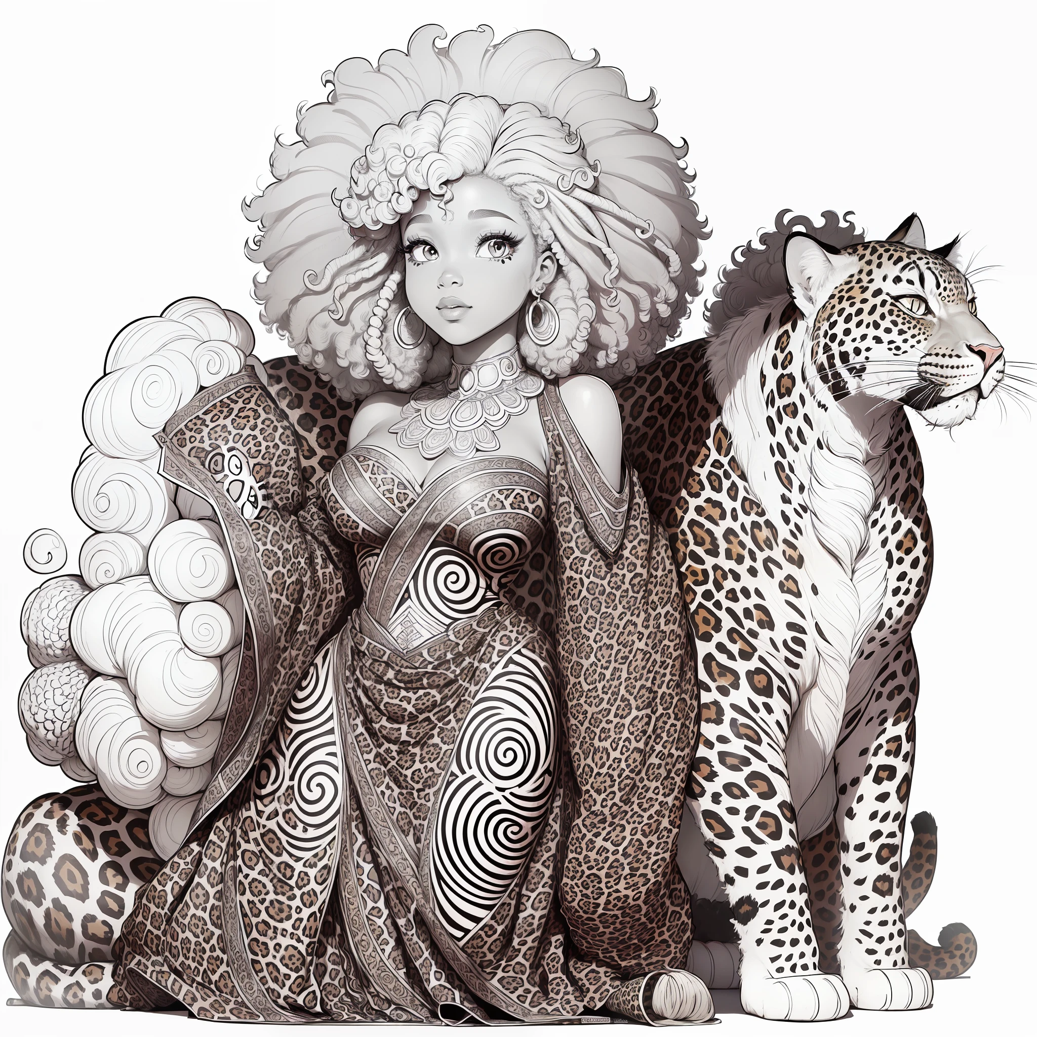 (Outline drawing of an african princess (curly afro hair) with a leopard at her side), full body, lineart only, outlines, perfect for a coloring book's page, (disney art style), white background