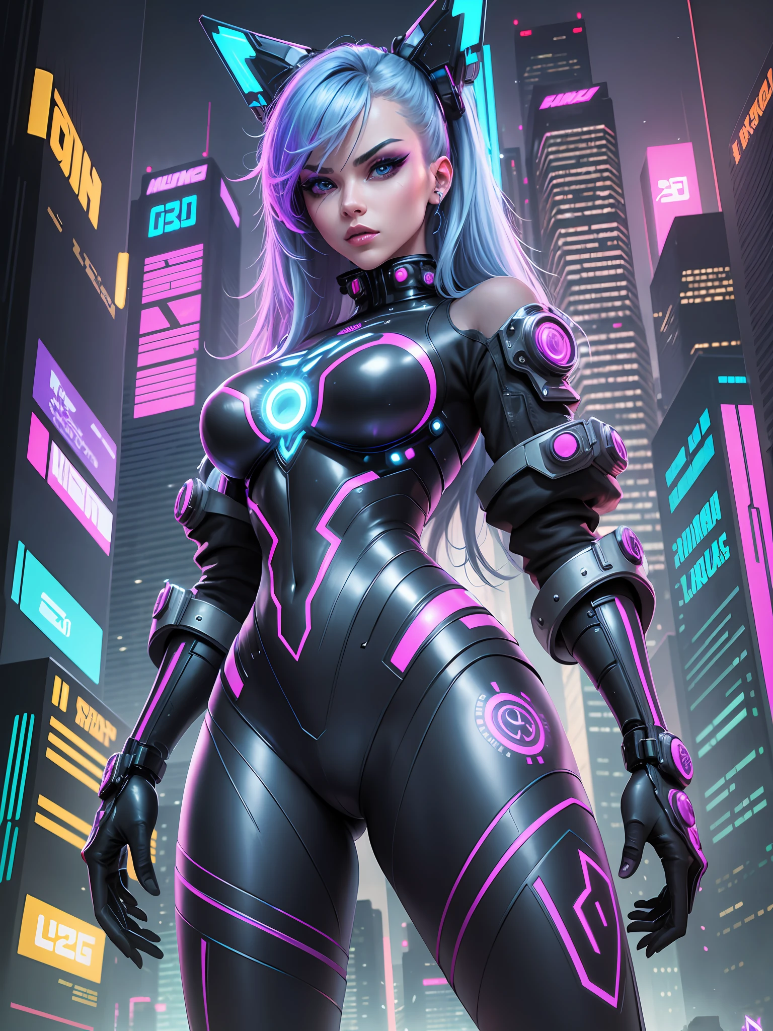 Cyber Woman in a Futuristic Cyberpunk CityAn imposing cyberpunk woman, with a full body on display, is depicted in a futuristic cyberpunk city. His eyes sparkle with intense neon, reflecting the cityscape filled with dystopian skyscrapers, holographic advertisements and flying vehicles amid a night sky lit by vibrant neons. The cybernetic woman sports a shiny metallic skin, covered in intricate cybernetic details and circuit tattoos. His posture is confident and challenging --auto --s2