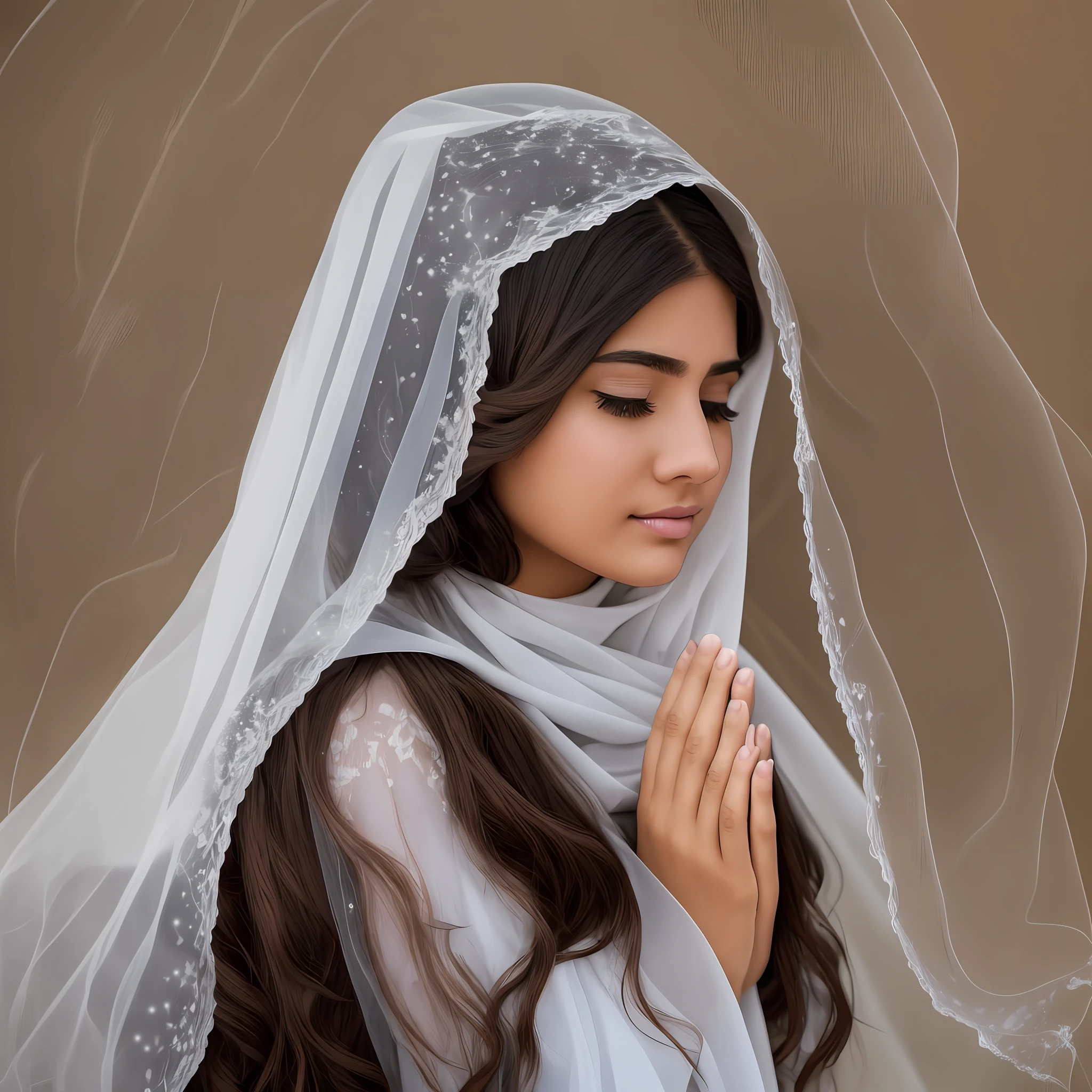 24-year-old woman, straight brown hair covered by white veil, aura encantada, praying
