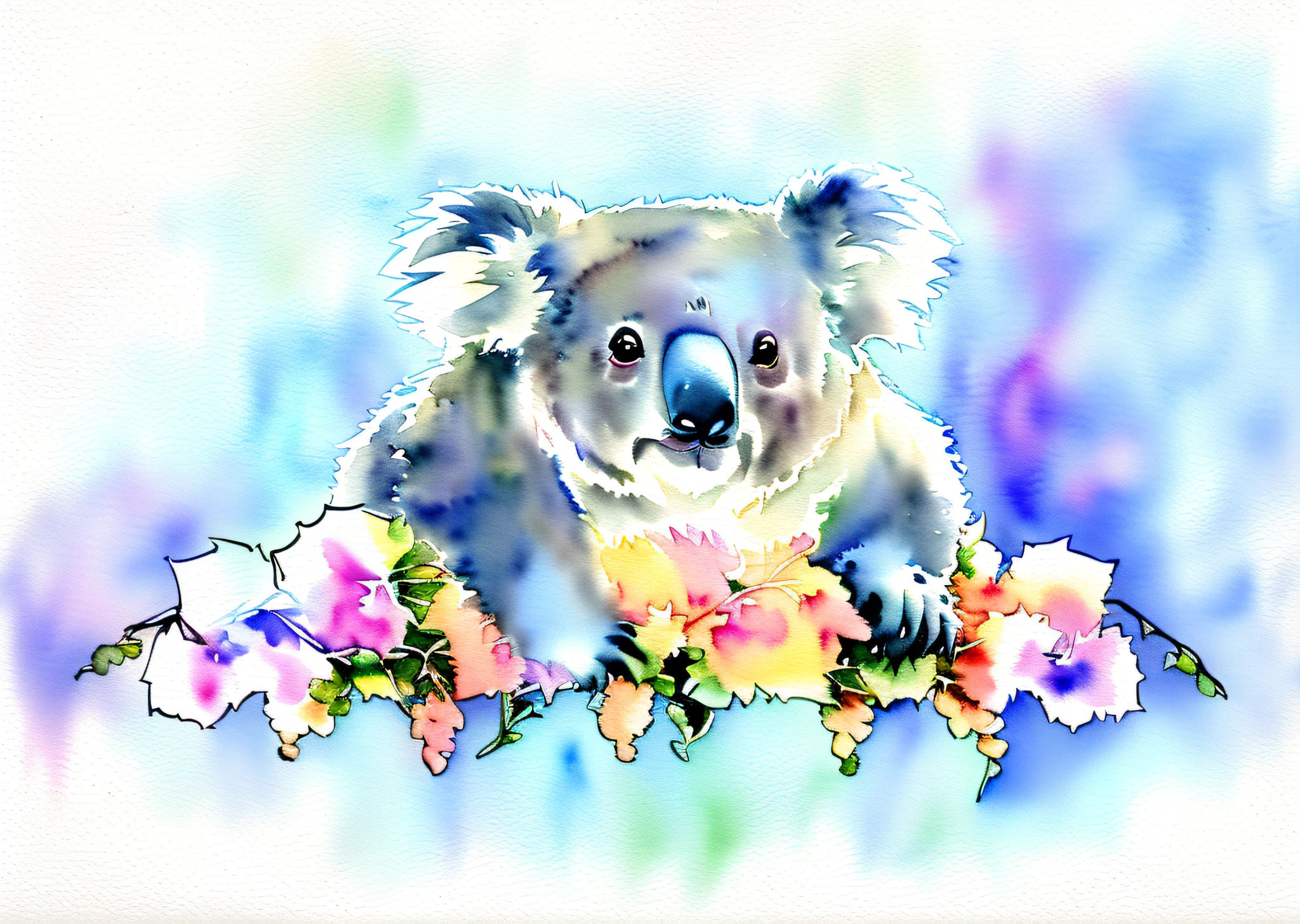 There is a koala bear sitting on a vine branch in watercolor smudge style --auto --s2