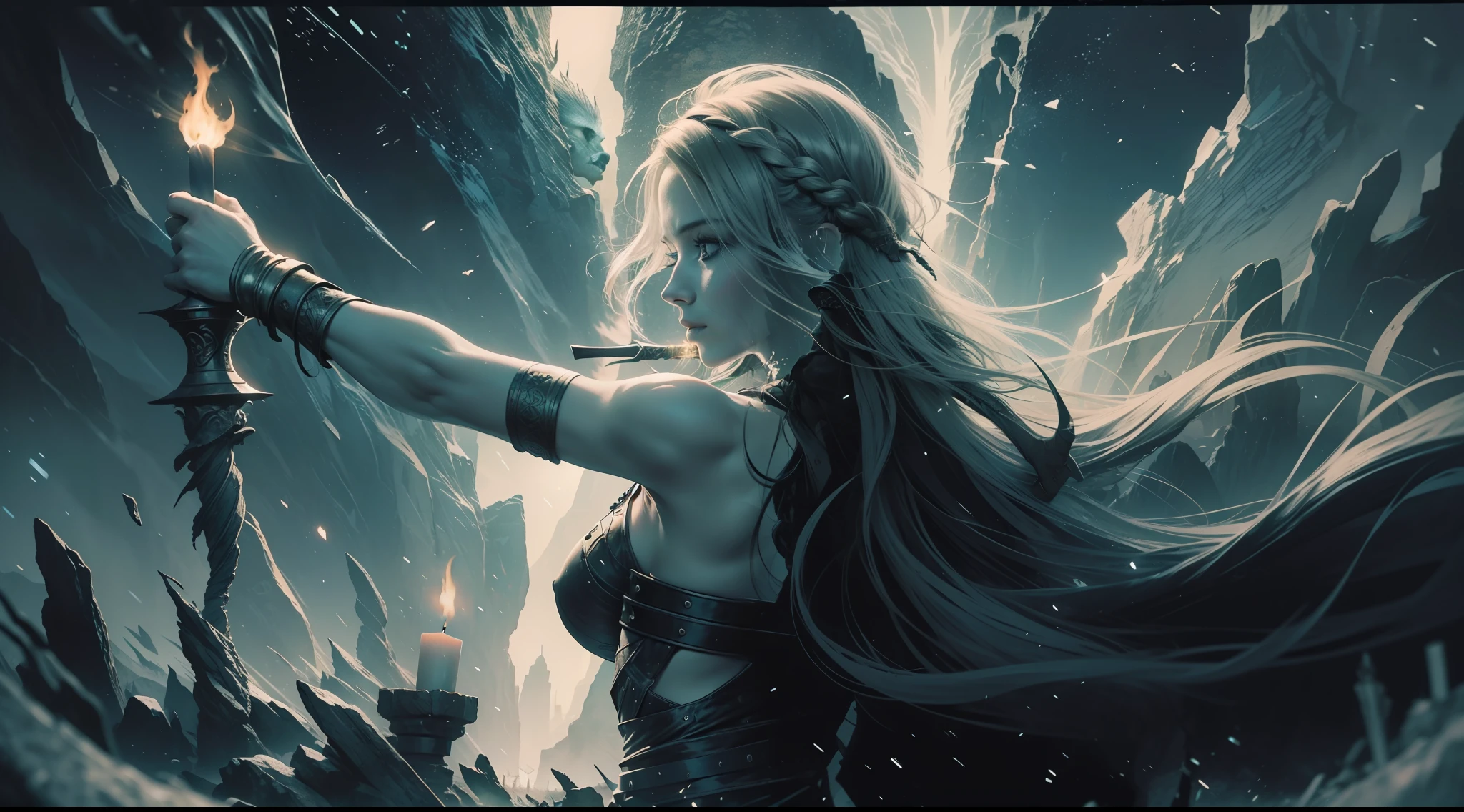 a viking woman with a blind eye entering a dark cave on top of a mountain with a torch in hand,shirtless,female back,viking,big black nails,redhead,braided and messy hair,wind,lit candles,luminous pollens flying,luminous sparks in the air,monochrome,camera from afar,low light,vikings,nordic,valhalla,nordic runes, hand drawn,illustration,art nouveau,tarot cards