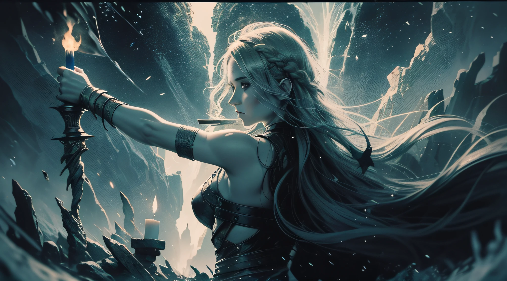a viking woman with a blind eye entering a dark cave on top of a mountain with a torch in hand,shirtless,female back,viking,big black nails,redhead,braided and messy hair,wind,lit candles,luminous pollens flying,luminous sparks in the air,monochrome,camera from afar,low light,vikings,nordic,valhalla,nordic runes, hand drawn,illustration,art nouveau,tarot cards