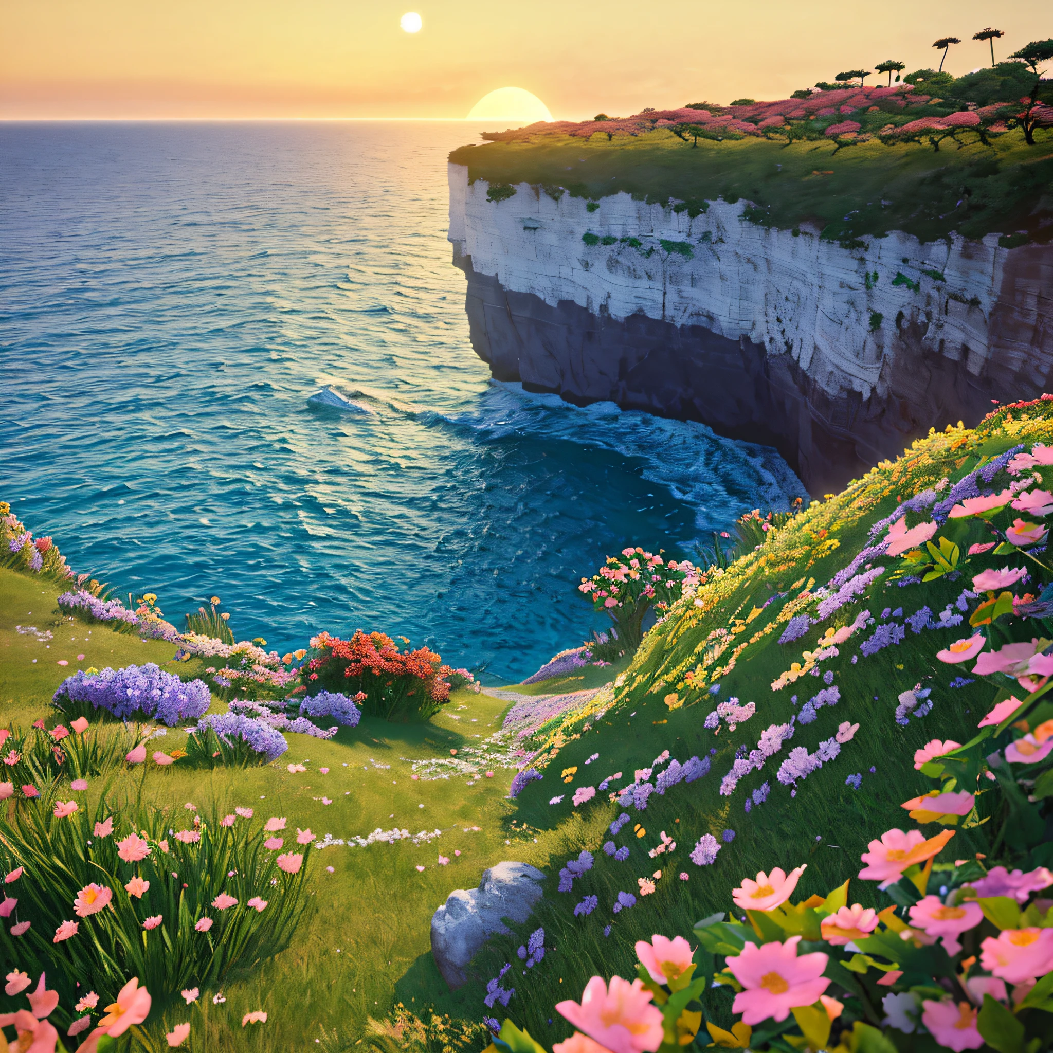 Nature, detailed lighting, sea of flowers, sky, sunset, breeze, fallen leaves, cliffs,