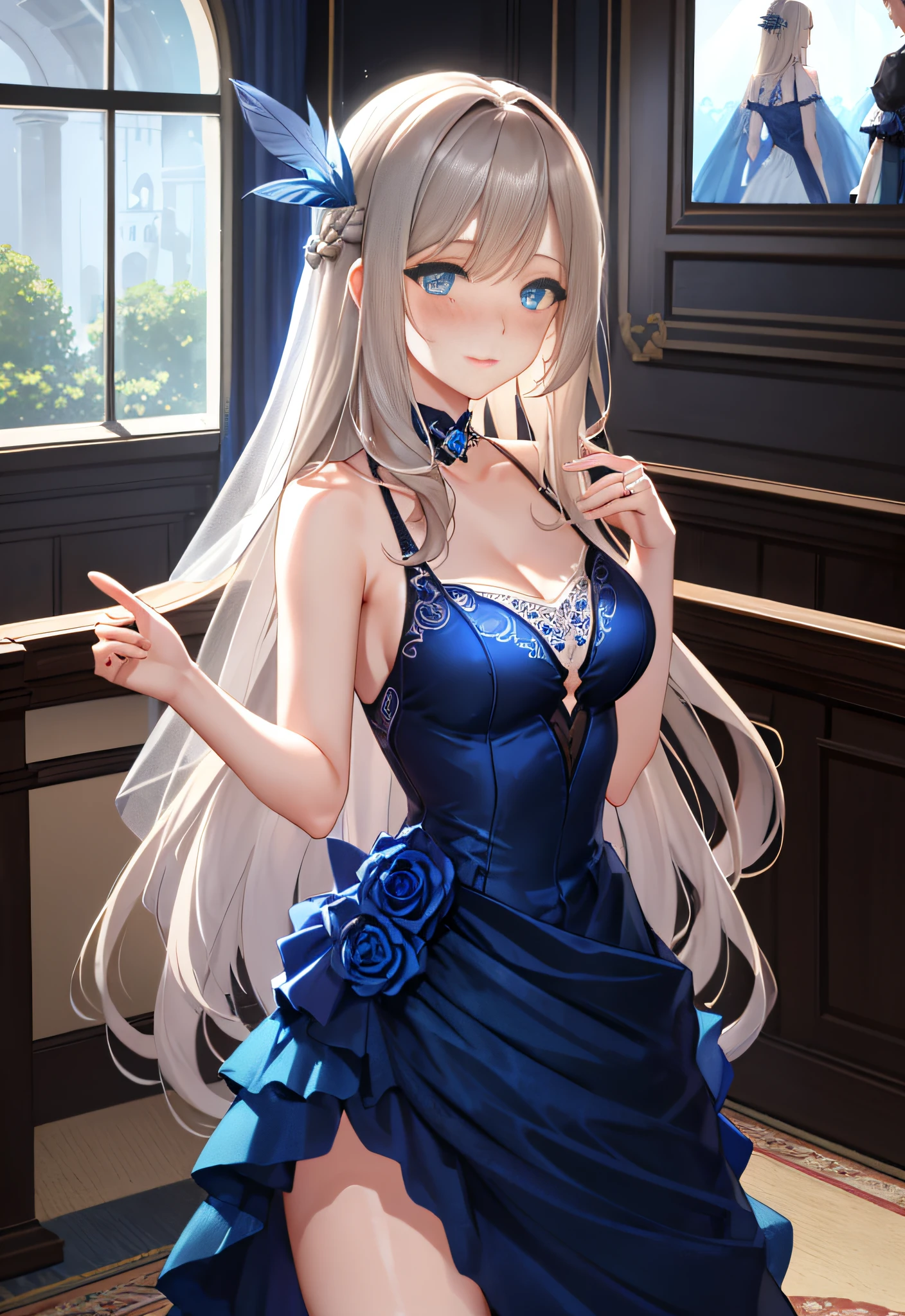 1girl, solo,masterpiece, (8k, best quality, masterpiece:1.2),highly detailed,ultra-detailed,masterclass,best quality,illustration,hair_between_eyes, braid,perfect lighting,medium breasts,hair ornament,Flaxen long hair(delicate eyes),(blue eyes),(detailed facial features),full body, long_hair, blush,cowboy shot, feathers hair ornament, ,(dark blue wedding dress:1.2) night,windows,indoors,light,indoors,carpet,