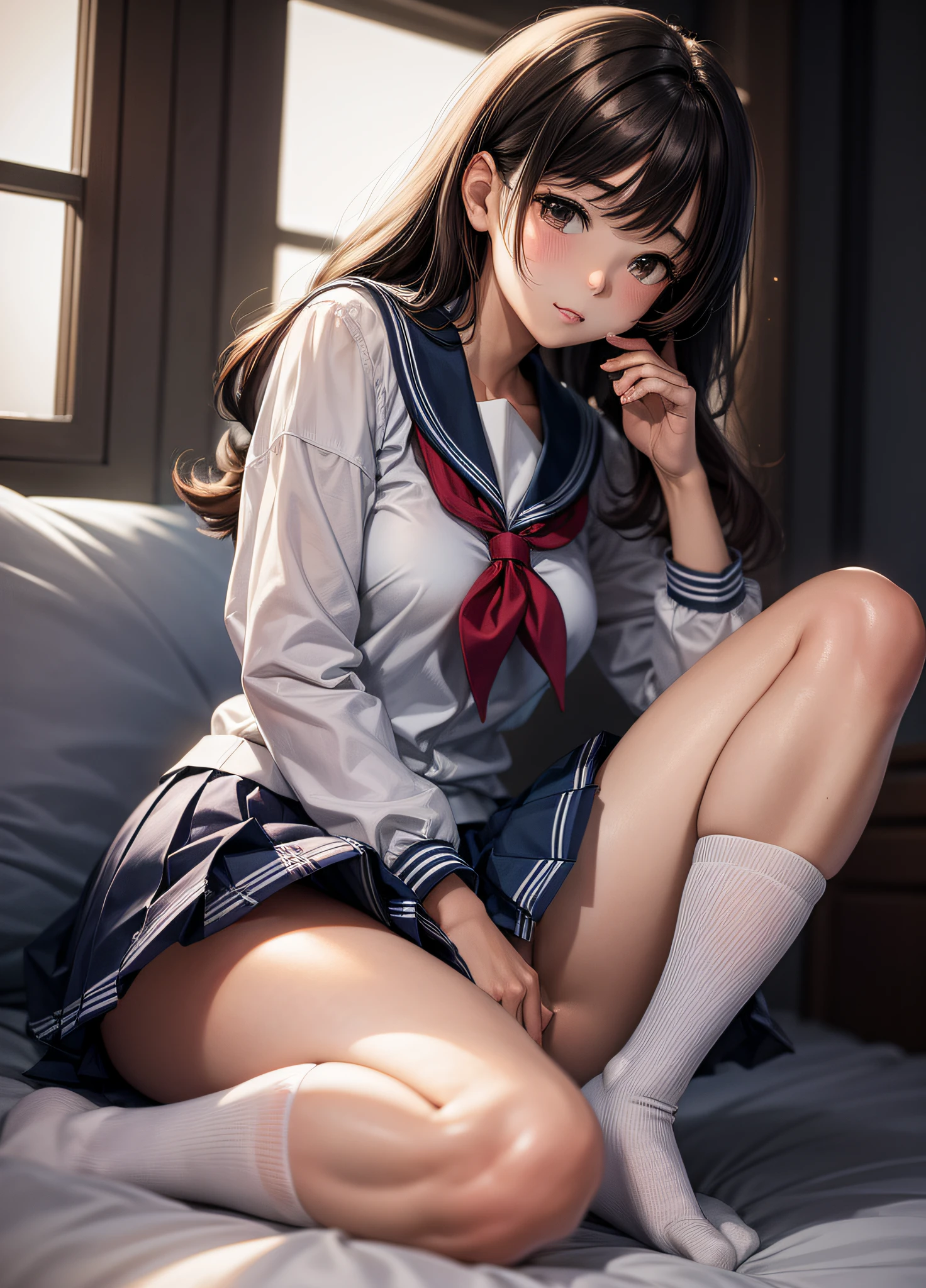 (masterpiece, best quality, high definition), (Anna Tanaka), schoolgirl sailor suit, cotton panties, one girl, nsfw, shot looking up from feet