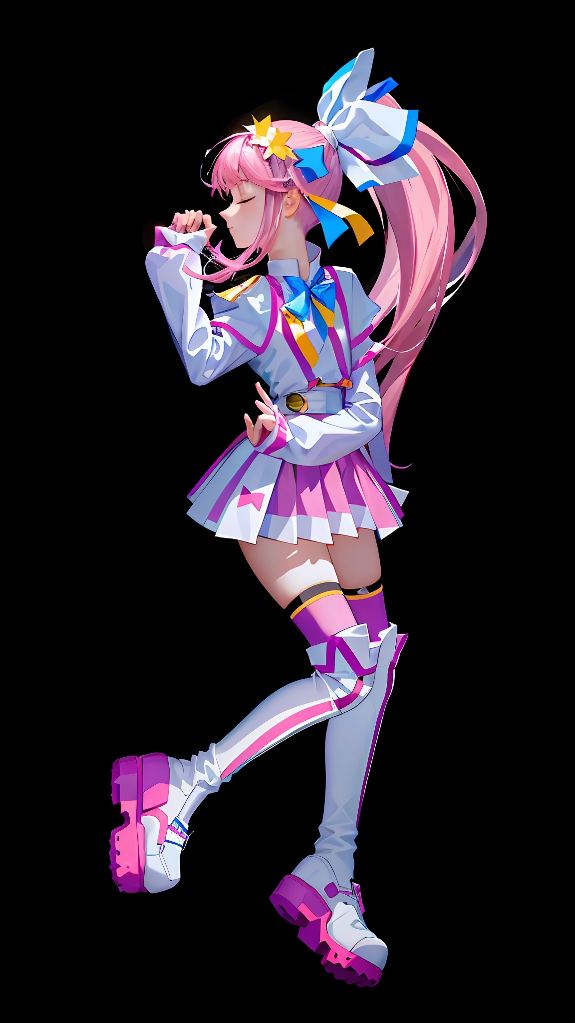 (Masterpiece: 1.5), (Best quality: 1.5), 8k,1 girl, eyes closed, mouth closed, pink hair, single ponytail, white top, pink pleated skirt, pink over-the-knee socks, white long boots, (no background: 1.5), slim legs,