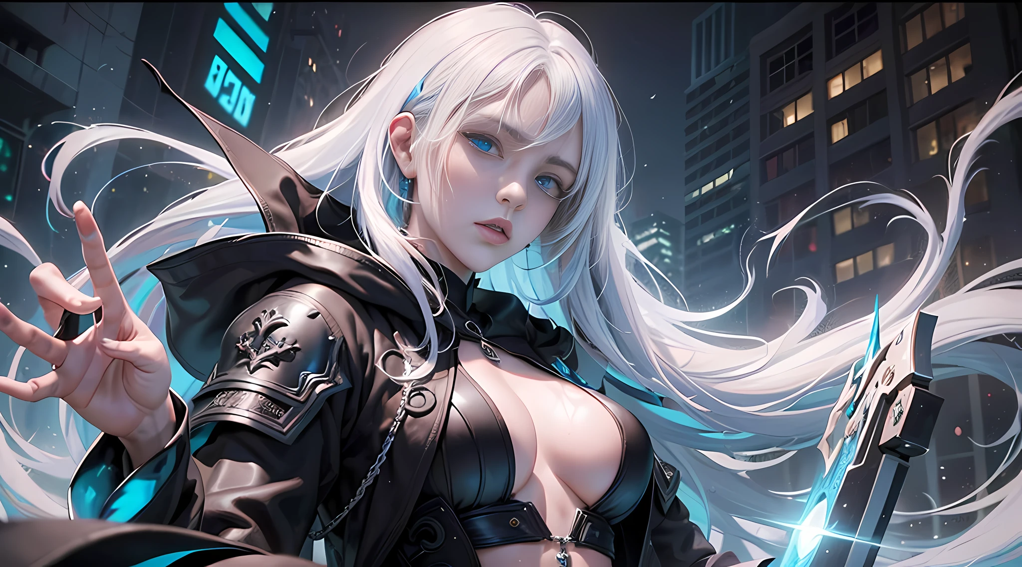 cyberpunk girl, fantasy world, dark background, clean design, epic Instagram, artstation, colorful paint splash, silhouette, ultra-detailed intricate details, Unreal engine, fantasy, complex details, splash screen, complementary colors, fantasy concept art, 8k resolution, deviantart masterpiece, oil painting, heavy stroke, paint dripping, (isolated on white background: 1.3), rainbow skin, (((handsome young man))), (( age:1.5)), (glowing blue eyes), ((eyes with light)),(((long white hair:1.1)))), ((black)), (princess \\(indifferent expression\\), (((wearing high-detail and diverse luxury black robes))), white hair, (abs) (large pectoral muscles)