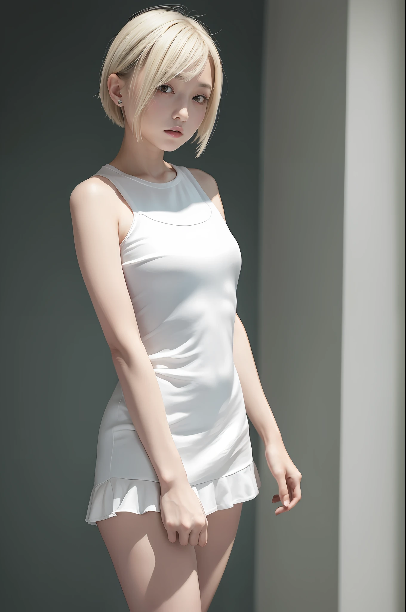 ((masterpiece, best_quality)), 1girl, (真实感:1.4), solo, white_background, white_hair, short_hair, zettai_ryouiki, mini dress, ((full_body)),面部纹理清晰,极简主义
