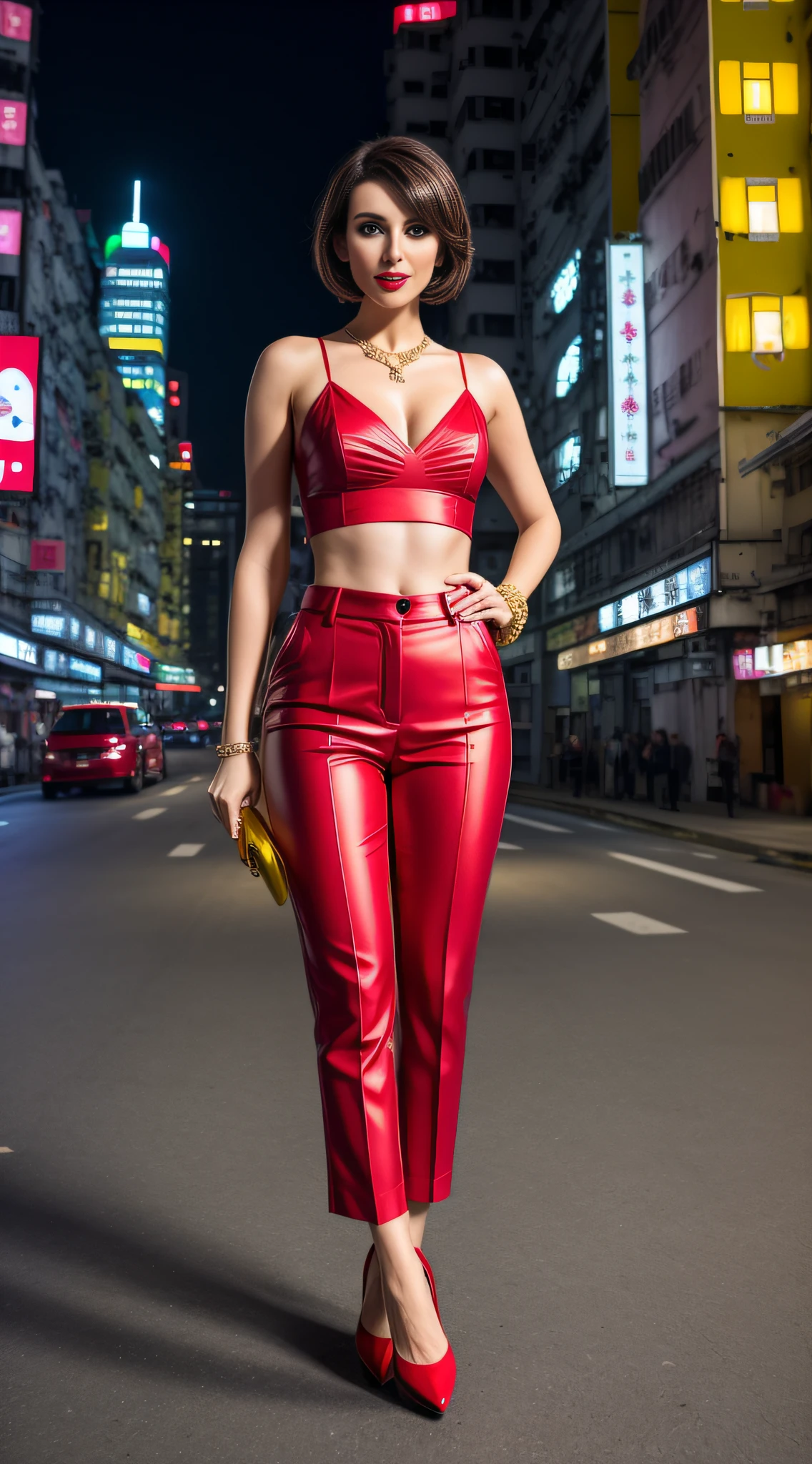 AS-MidAage, close-up photography, sexy, short hair, brunette with high heels, makeup, red lips, Hong Kong background at night, yellow clothes and trousers, jewelry, looking at the audience, surreal, {an extremely delicate and beautiful girl}, 4k wallpaper, {{{masterpiece}}}, front (full body: 1.6), standing posture