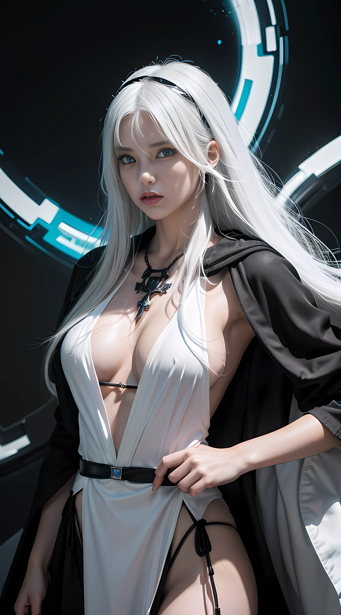 cyberpunk girl, fantasy world, dark background, clean design, epic Instagram, artstation, colorful paint splash, silhouette, ultra-detailed intricate details, Unreal engine, fantasy, complex details, splash screen, complementary colors, fantasy concept art, 8k resolution, deviantart masterpiece, oil painting, heavy stroke, paint dripping, (isolated on white background: 1.3), rainbow skin, (((handsome young man))), (( age:1.5)), (glowing blue eyes), ((eyes with light)),(((long white hair:1.1)))), ((black)), (princess \\(indifferent expression\\), (((wearing high-detail and diverse luxury black robes))), white hair, (abs) (large pectoral muscles)