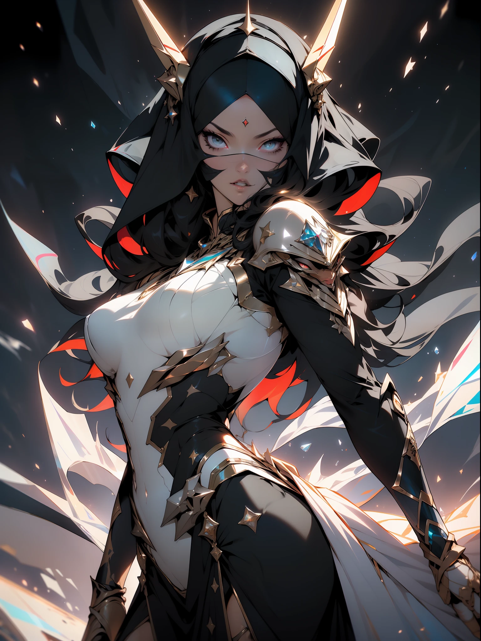 ((Best quality)), ((masterpiece)), (detailed: 1.4), (Absurd), angry princess, ((action pose)), (((black Muslim woman wearing long black dress with crystal ornaments, face covered)))), (((burqa))), (((back))), ready for war, dark skin, black middle eastern woman, sculptural body with defined muscles, closed mouth, muscular body covered by a Hoyoverse-style technological dress, Honkai Impact,  Geishin Impast, technological veil covering the face, Veil covering the head, whole body covered by clothing, holding two scimitars, ((small breasts)), (eyes with heavy makeup and very black without pupils), ((black and gold clothing with small red details)), (((short black hair)), (Arabic inscriptions on the arms), ((designs of golden stars on the arms)), very long eyelashes, heavy eye makeup,  lots of jewelry, by mucha, niji --V5, close to real, psychopathic, crazy face, sexy pose, background with a giant Gundam style robot head, 2 piece clothing, diamond shoulder pads, pastel, centered, scale to fit dimensions, HDR (High Dynamic Range),Ray Tracing,NVIDIA RTX,Super-Resolution,Unreal 5,Subsurface dispersion, PBR texture, Post-processing, Anisotropic filtering, Depth of field,  Maximum clarity and sharpness, Multilayer textures, Albedo and specular maps, Surface shading, Accurate simulation of light-material interaction, Perfect proportions, Octane Render, Two-tone lighting, Wide aperture, Low ISO, White balance, Rule of thirds, 8K RAW, crysisnanosuit