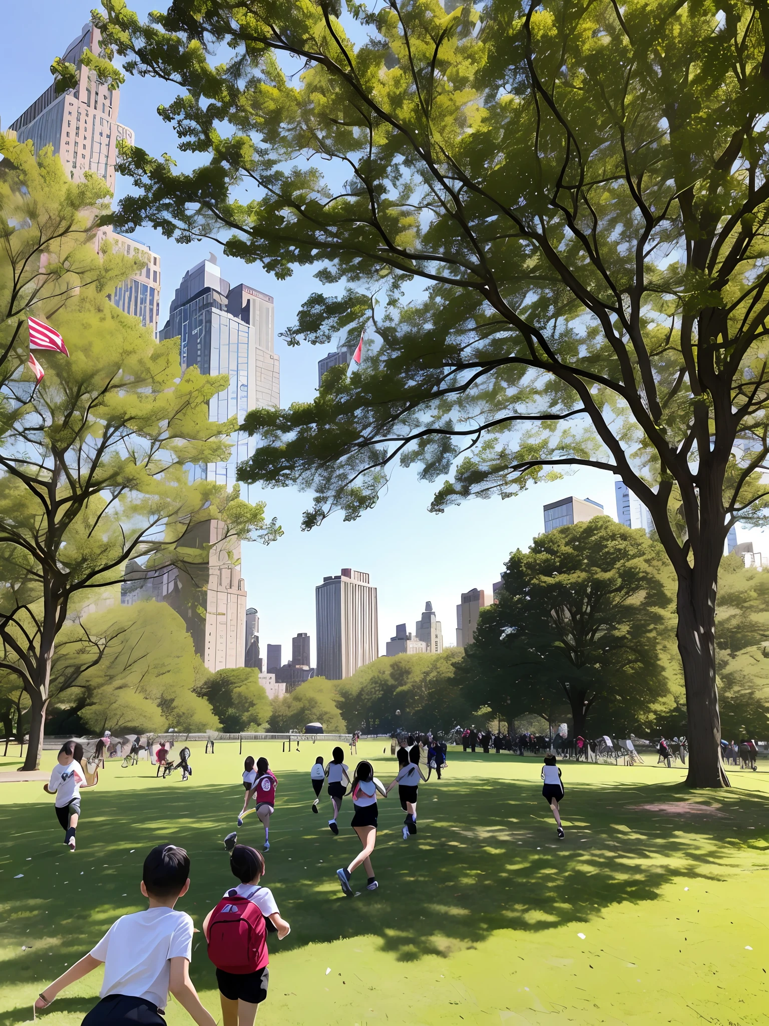 In the central park of the city, there is an urban background behind, there is a red flag in the park, fluttering in the wind, and there are a group of elementary and middle school students in the park, and some students are running happily