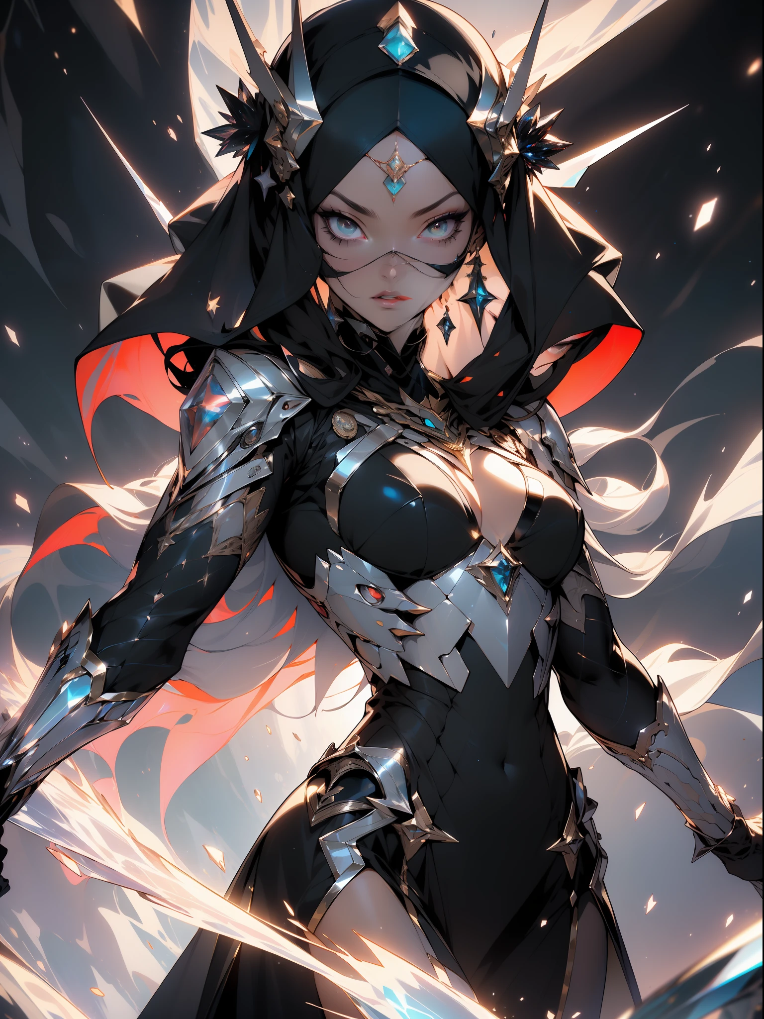 ((Best quality)), ((masterpiece)), (detailed: 1.4), (Absurd), angry princess, ((action pose)), (((black Muslim woman wearing long black dress with crystal ornaments, face covered)))), (((burqa))), (((back))), ready for war, dark skin, black middle eastern woman, sculptural body with defined muscles, closed mouth, muscular body covered by a Hoyoverse-style technological dress, Honkai Impact, Geishin Impast, technological veil covering the face, Veil covering the head, whole body covered by clothing, holding two scimitars, ((small breasts)), (eyes with heavy makeup and very black without pupils), ((black and gold clothing with small red details)), (((short black hair)), (Arabic inscriptions on the arms), ((designs of golden stars on the arms)), very long eyelashes, heavy eye makeup, lots of jewelry, by mucha, niji --V5, close to real, psychopathic, crazy face, sexy pose, background with a giant Gundam style robot head, 2 piece clothing, diamond shoulder pads, pastel, centered, scale to fit dimensions, HDR (High Dynamic Range),Ray Tracing,NVIDIA RTX,Super-Resolution,Unreal 5,Subsurface dispersion, PBR texture, Post-processing, Anisotropic filtering, Depth of field, Maximum clarity and sharpness, Multilayer textures, Albedo and specular maps, Surface shading, Accurate simulation of light-material interaction, Perfect proportions, Octane Render, Two-tone lighting, Wide aperture, Low ISO, White balance, Rule of thirds, 8K RAW, crysisnanosuit